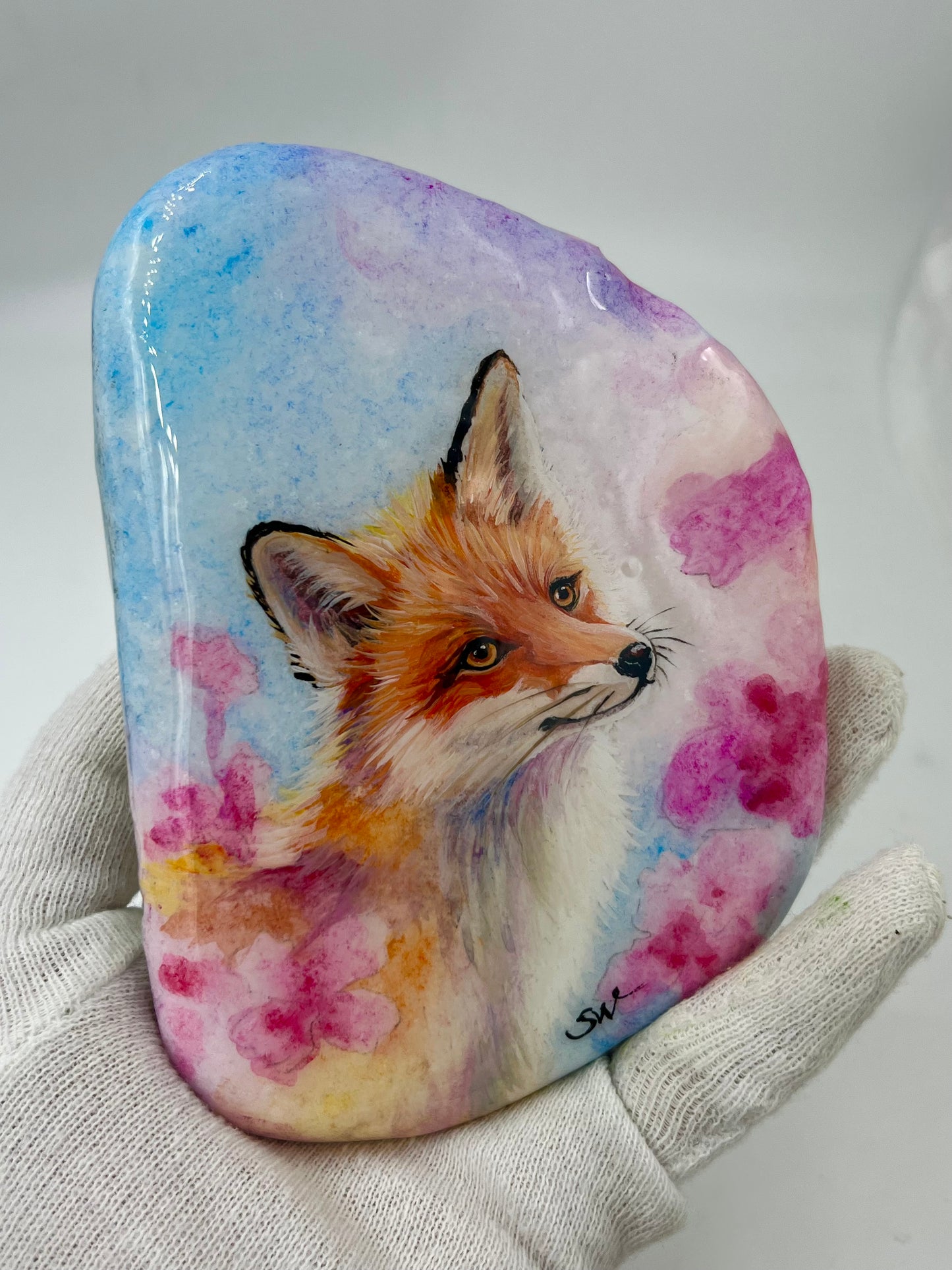 Einzigartig handbemalte Stein-der Fuchs /inklusive Tischstaffelei