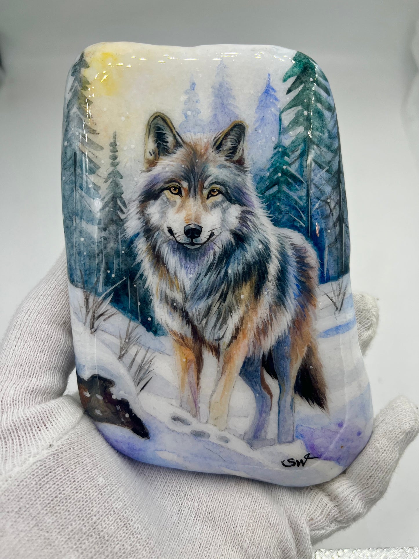 Einzigartig handbemalte Stein-Winter Motiv / der Wolf -inklusive Tischstaffelei