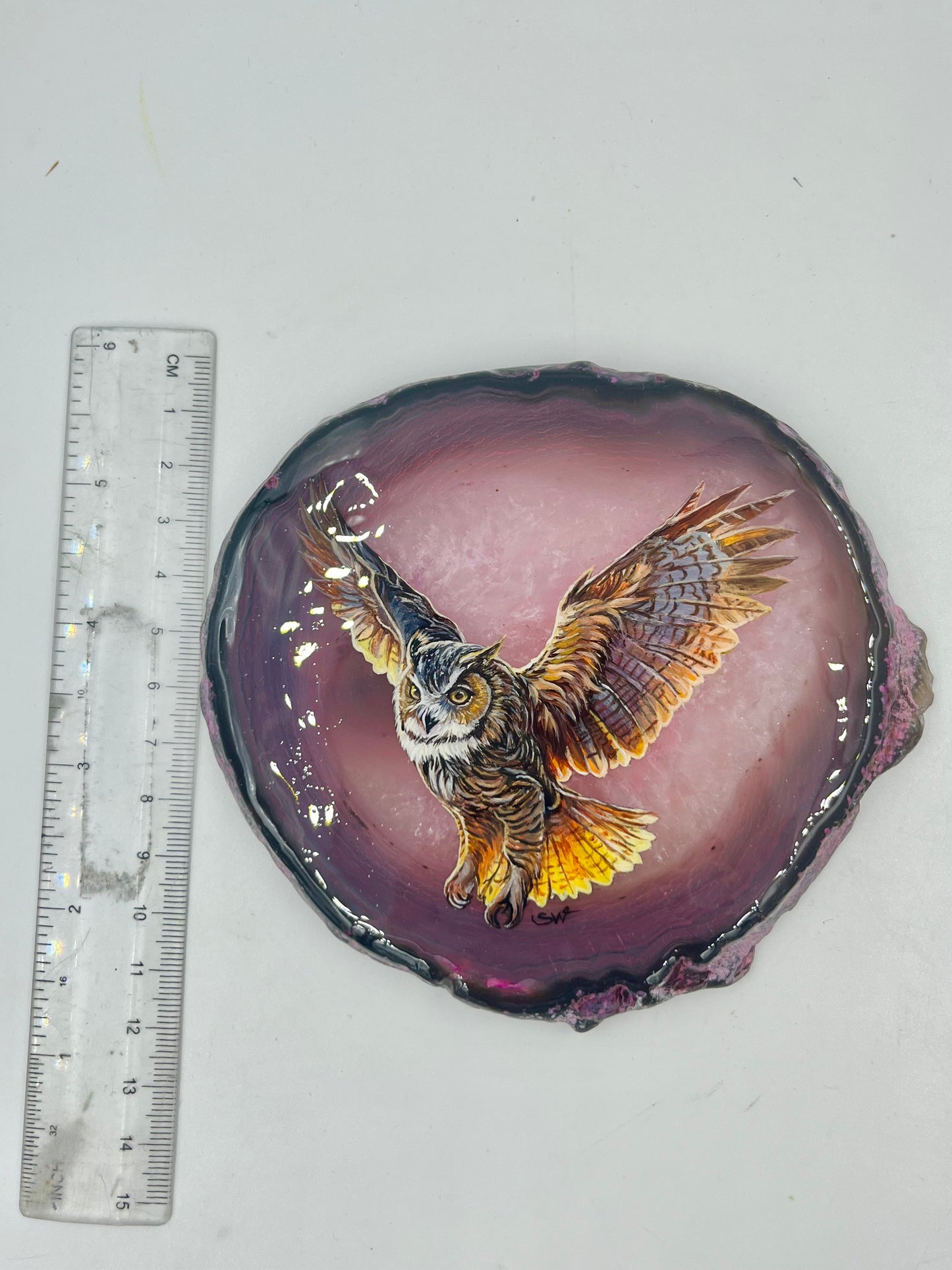 Einzigartige bemalt Achatscheibe/Der Eule /Hand bemalt /Deko/Tierpotrait/ink.Metallständer