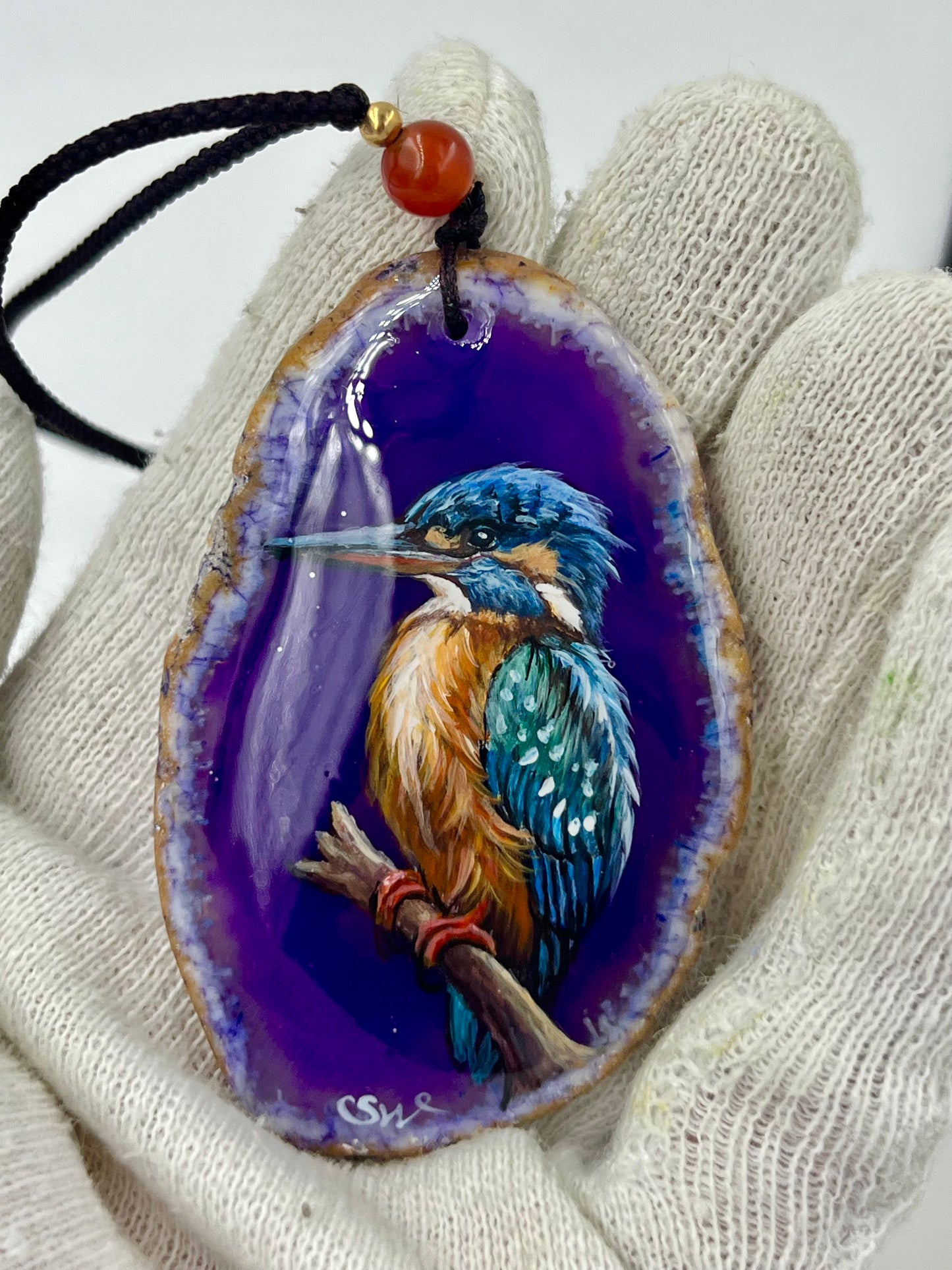 Einzigartige Anhänger /der Eisvogel/Achat/Hand bemalt
