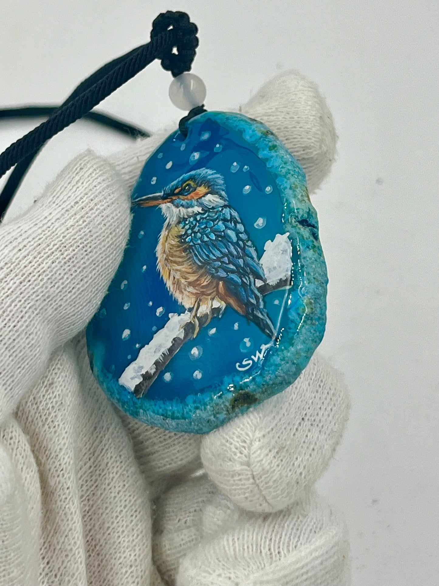 Einzigartige Anhänger /Der Eisvogel/Achat/Hand bemalt Juwelen und tragbare Kunst /Natur Schmuck