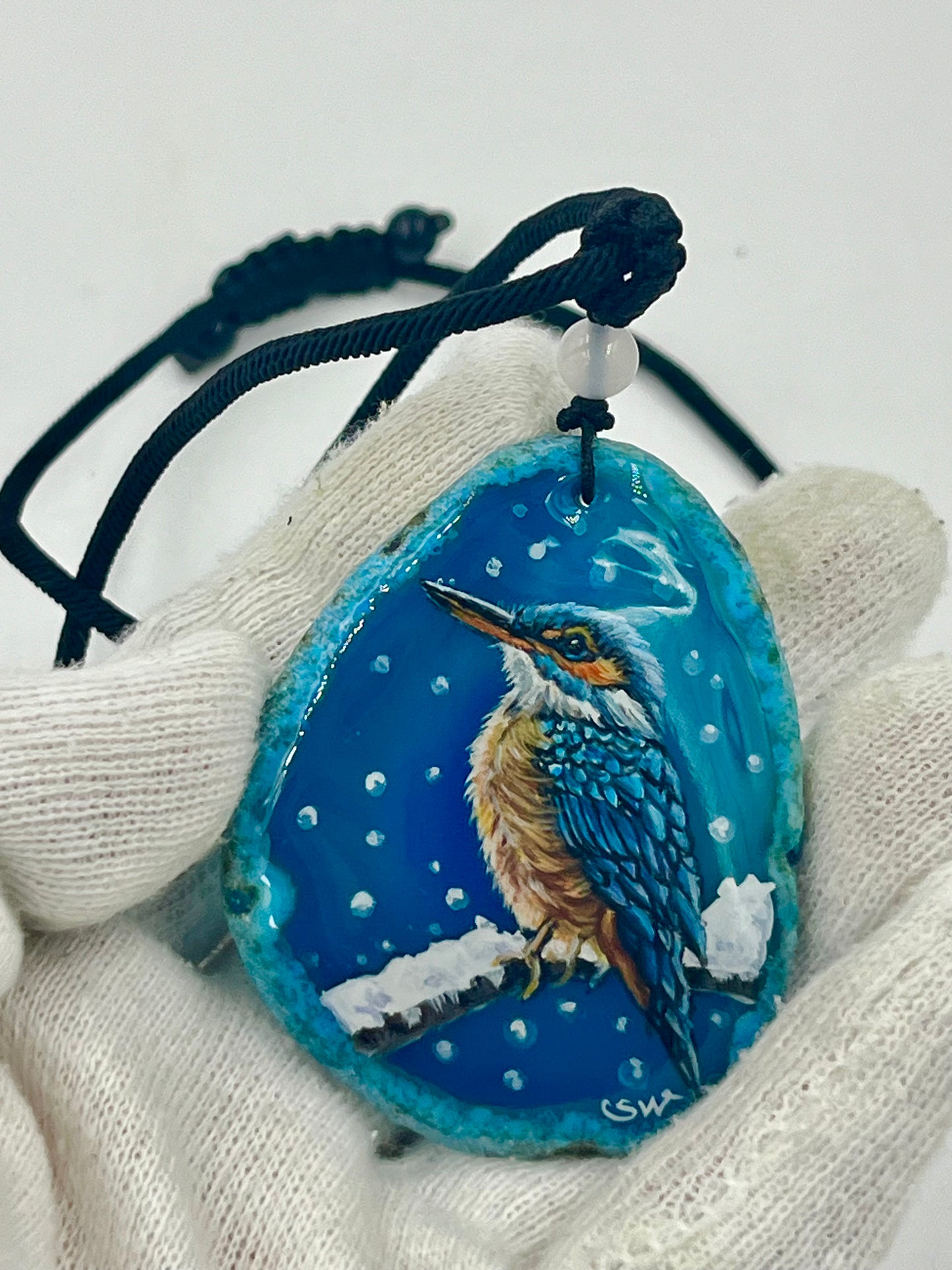 Einzigartige Anhänger /Der Eisvogel/Achat/Hand bemalt Juwelen und tragbare Kunst /Natur Schmuck