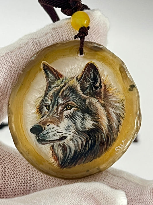 Einzigartige Anhänger /der Wolf/Achat/Hand bemalt Juwelen und tragbare Kunst /Natur Schmuck