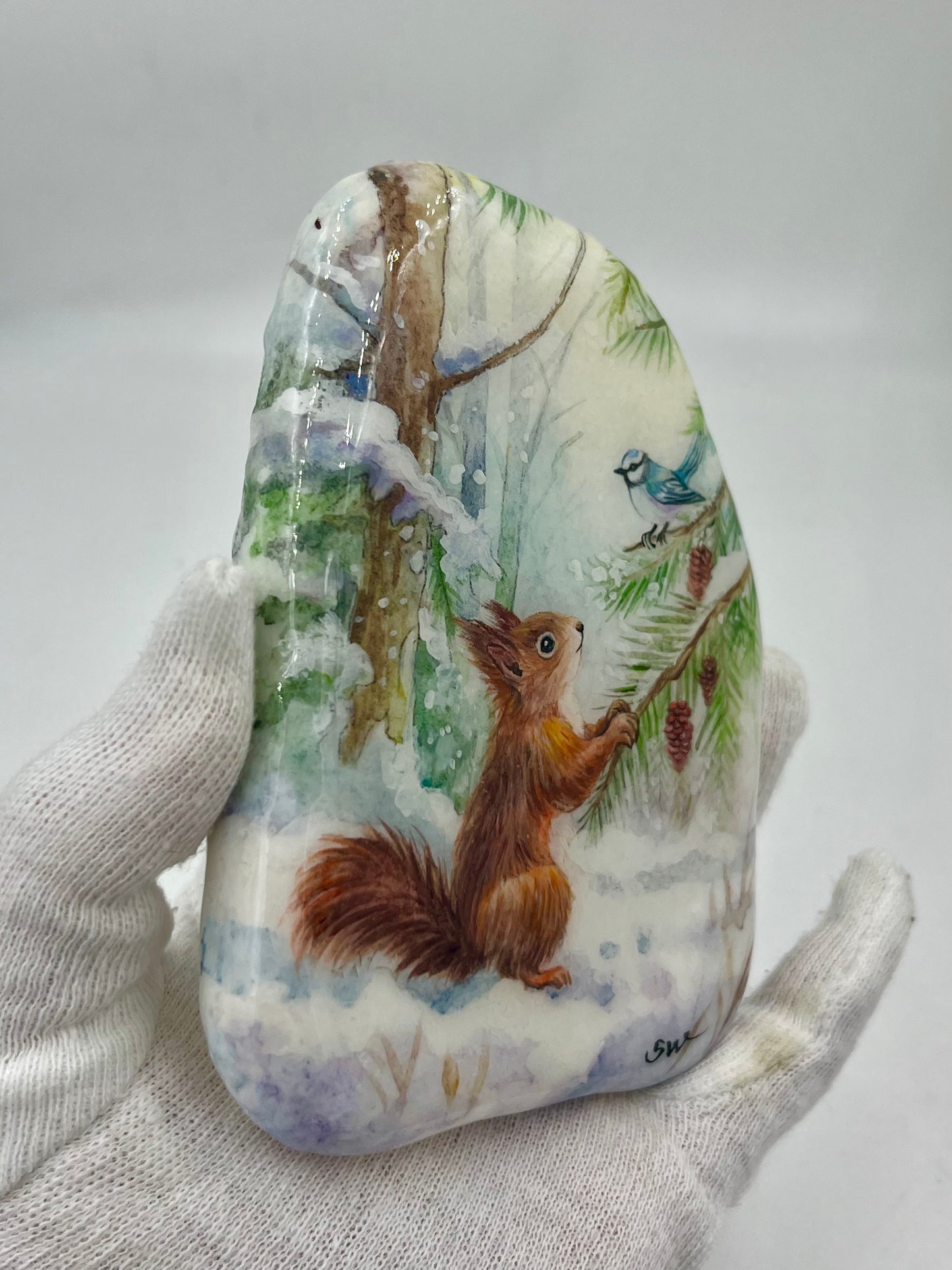 Einzigartig handbemalte Stein/Winterliche Szenerie /inklusive Tischstaffelei