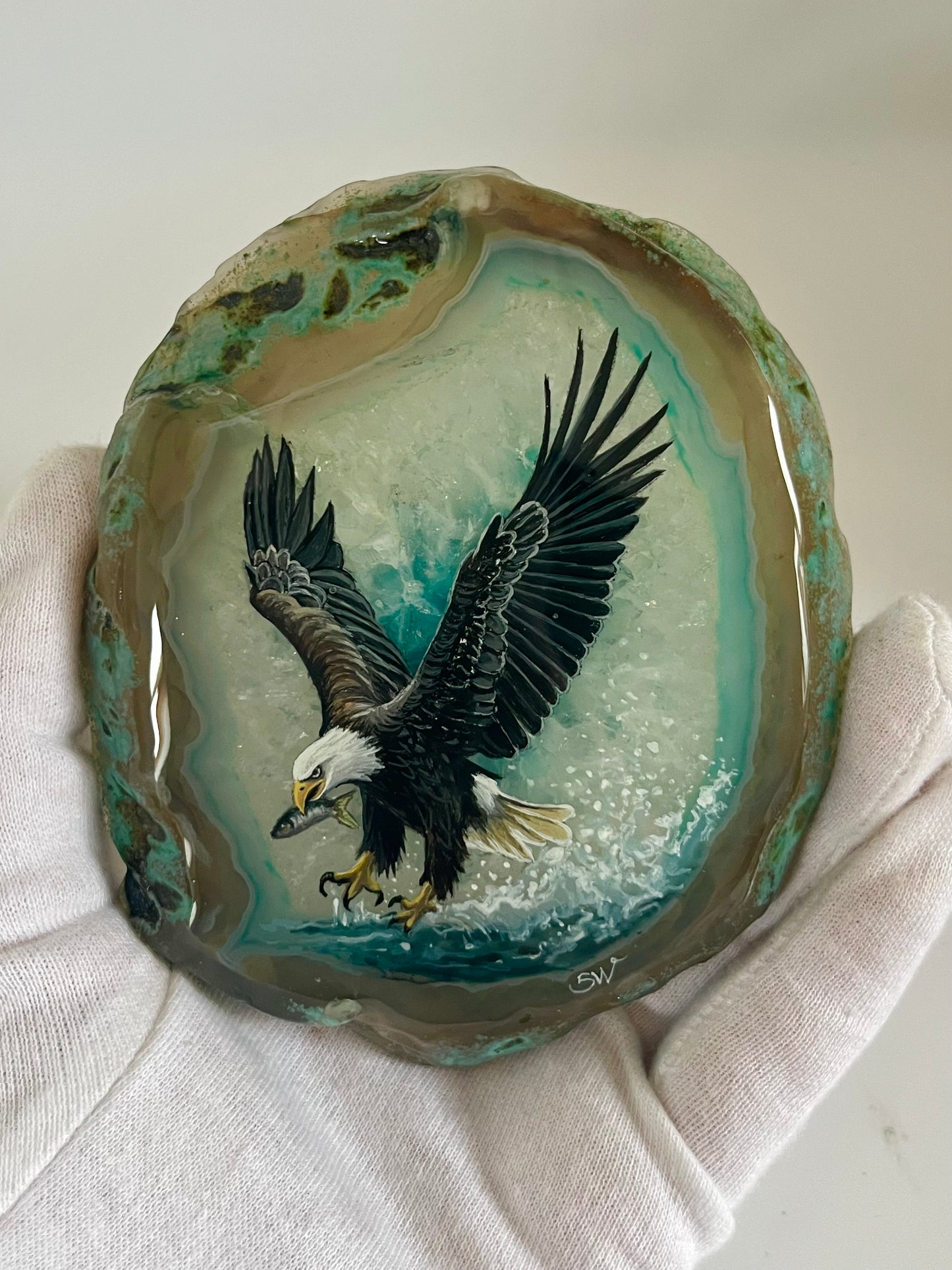Einzigartige bemalt Achatscheibe/Der Adler /Hand bemalt /Deko/Tierpotrait/ink.Metallständer