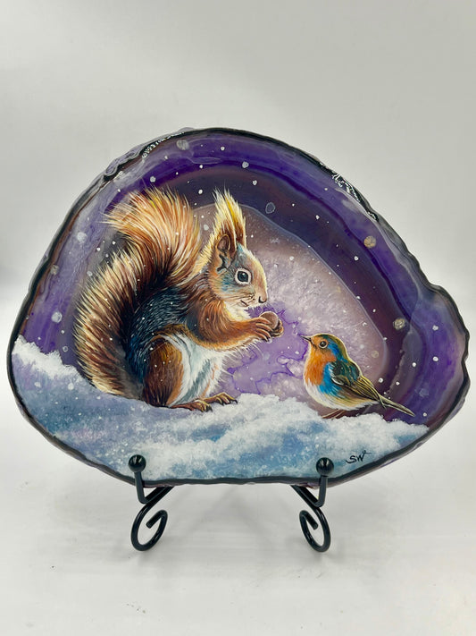 Einzigartige bemalt Achatscheibe/das Eichhörnchen und der Vogel/Hand bemalt /Deko/Tierpotrait/ink.Metallständer