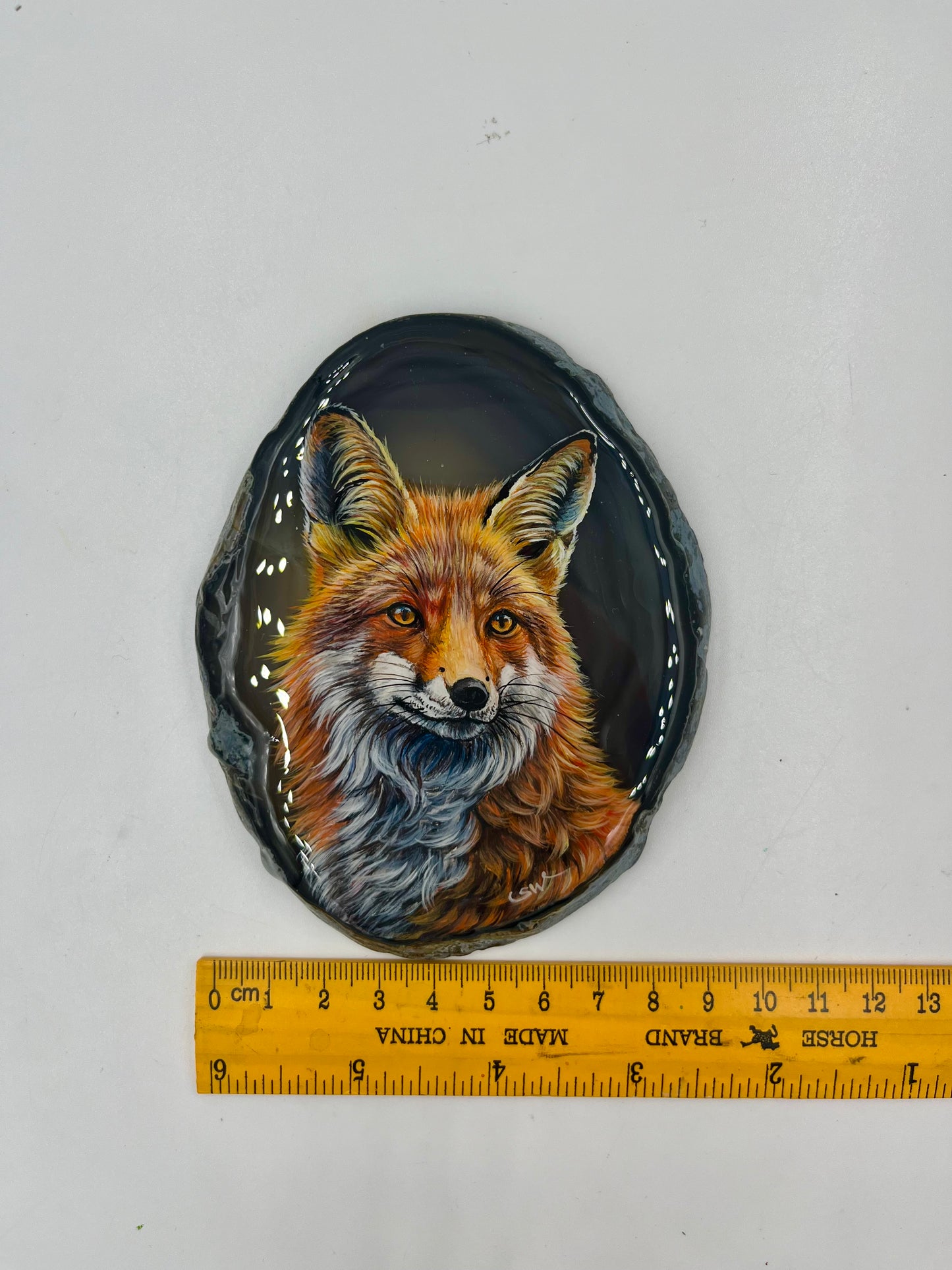 Einzigartige bemalt Achatscheibe/Der Fuchs /Hand bemalt /Deko/Tierpotrait/ink.Metallständer