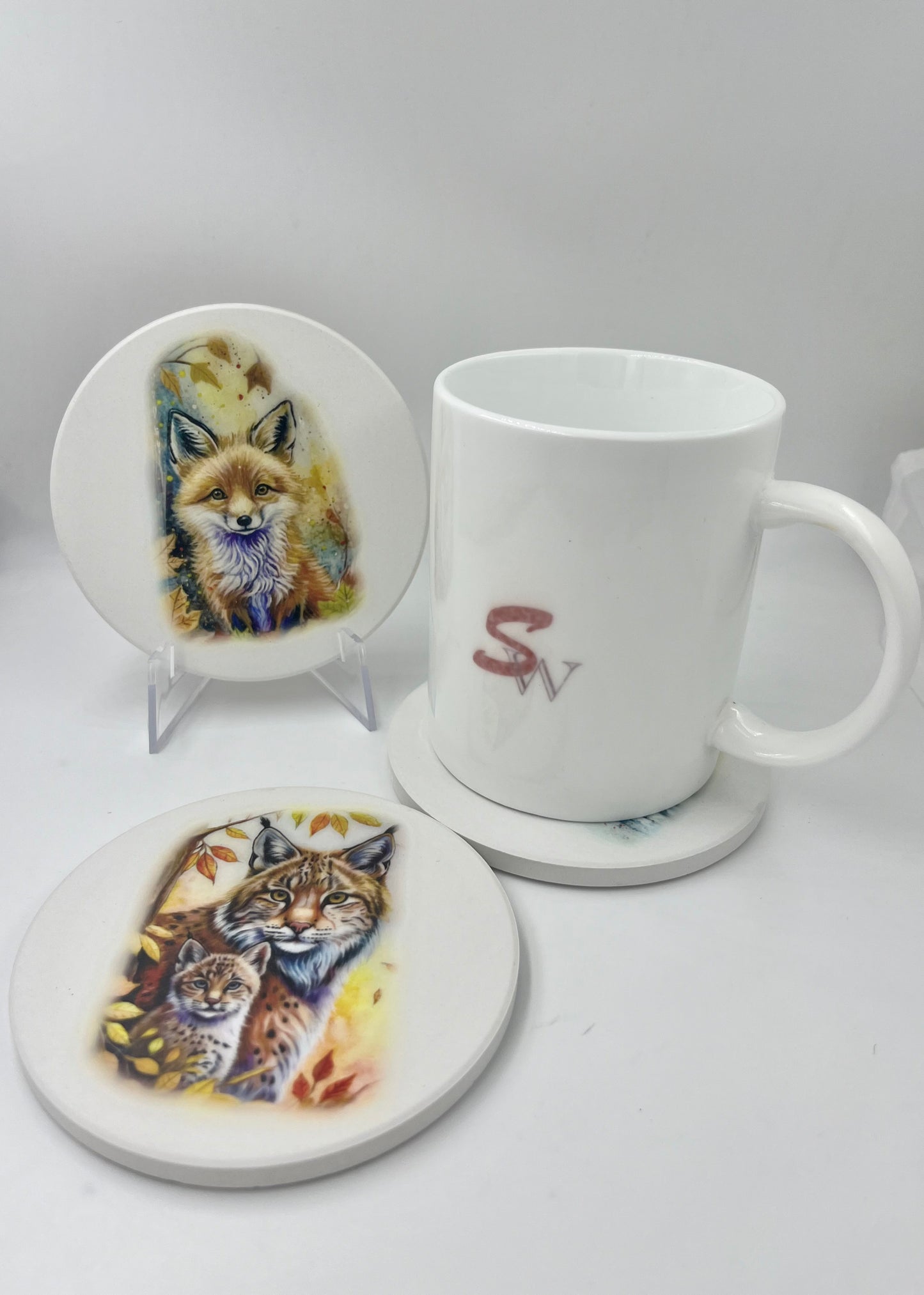 Keramikuntersetzer/ Luchs Mamaund Kinder / Keramik Dolomit und Kork/ Kunstdruck