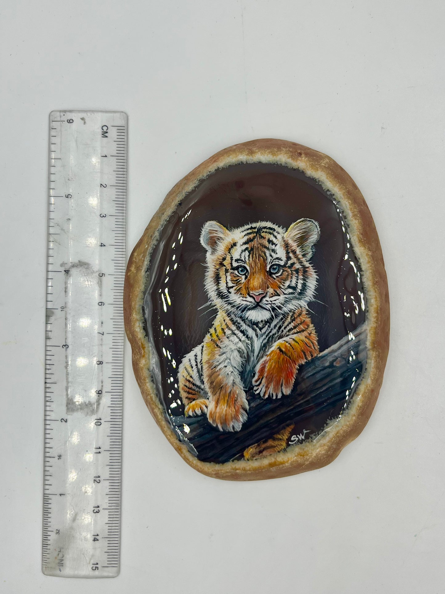 Einzigartige bemalt Achatscheibe/Der Tigerbaby/Hand bemalt /Deko/Tierpotrait/ink.Metallständer