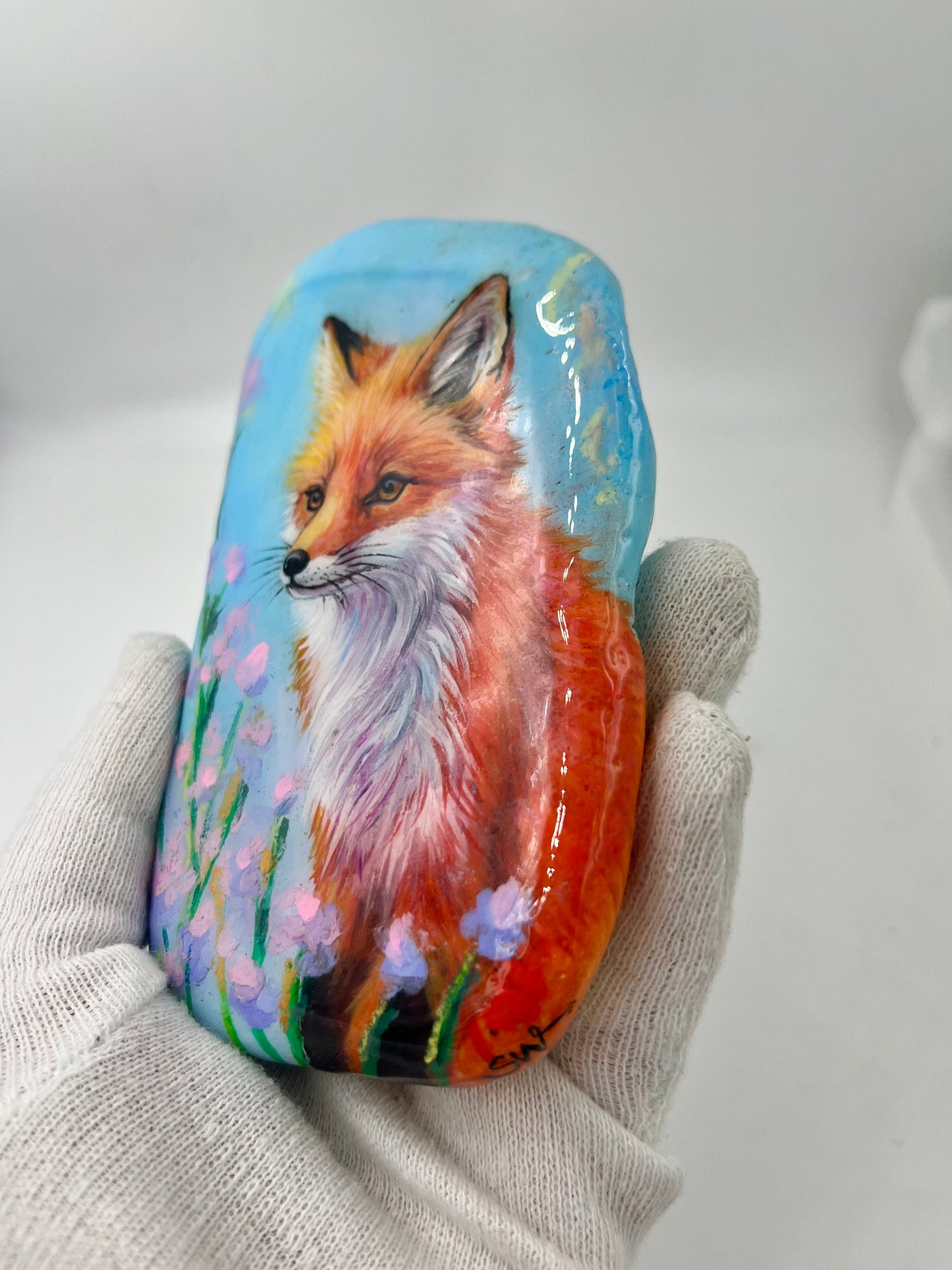 Einzigartig handbemalte Stein/der Fuchs  /inklusive Tischstaffelei