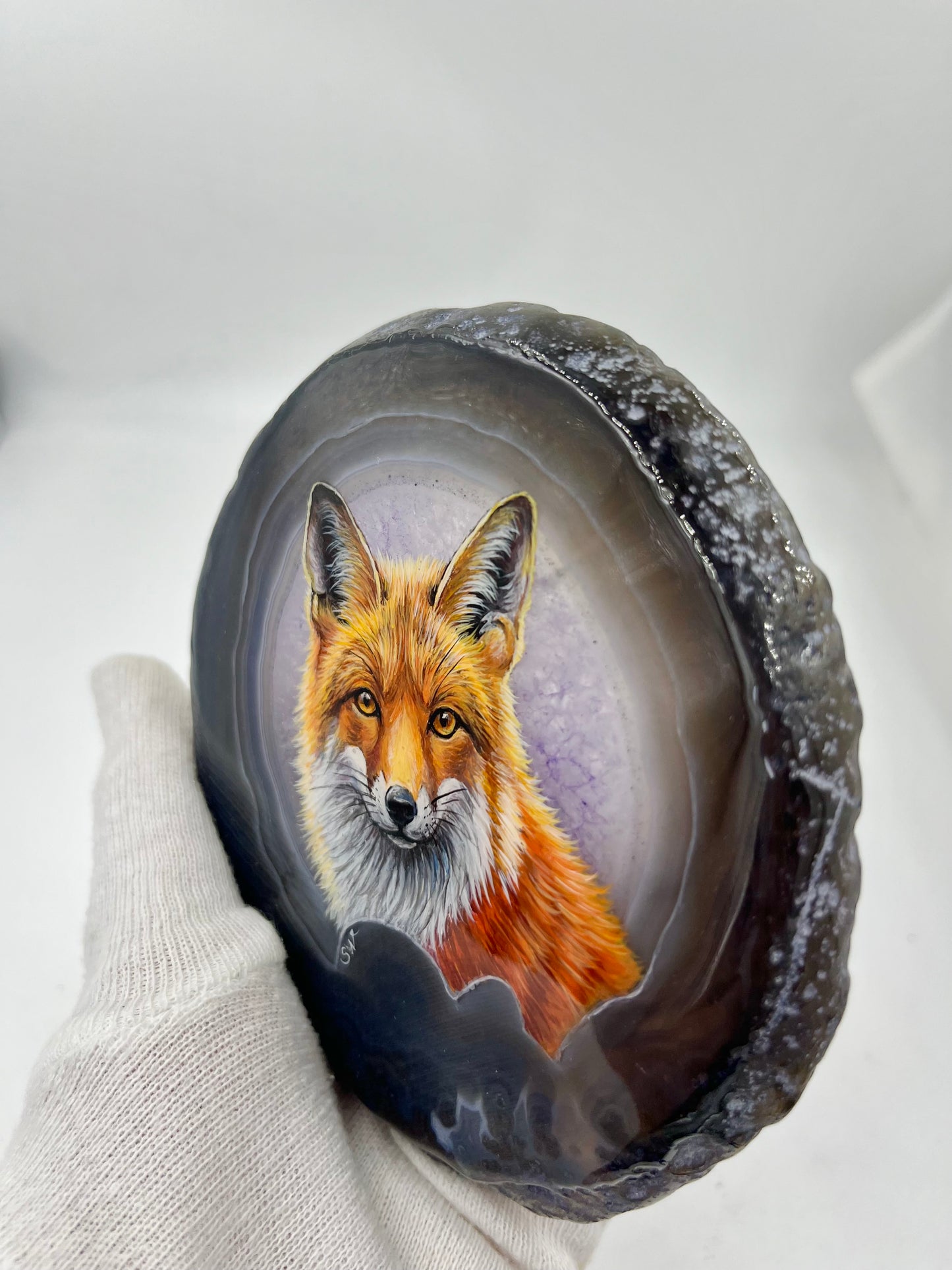 Einzigartige bemalt Achatscheibe/Der Fuchs /Hand bemalt /Deko/Tierpotrait/ink.Metallständer