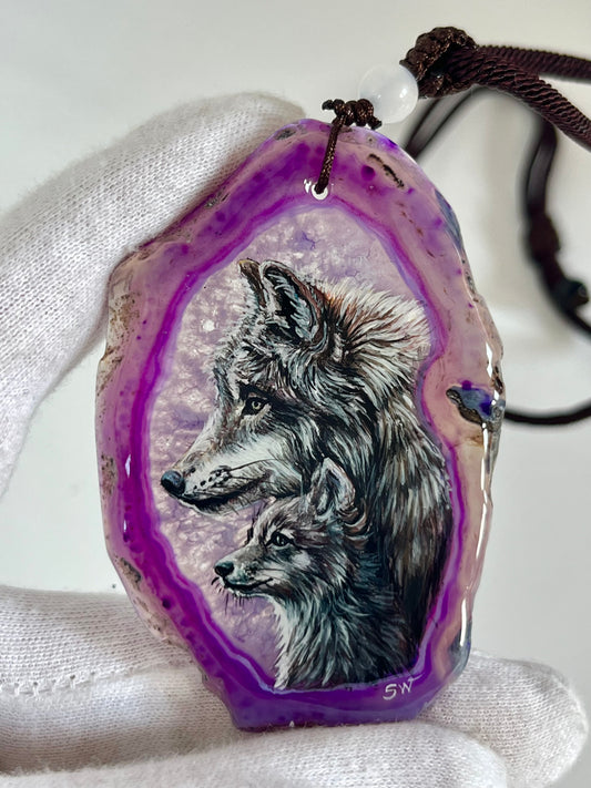 Einzigartige Anhänger /Wolfs Mama und Kind /Achat/Hand bemalt Juwelen und tragbare Kunst /Natur Schmuck