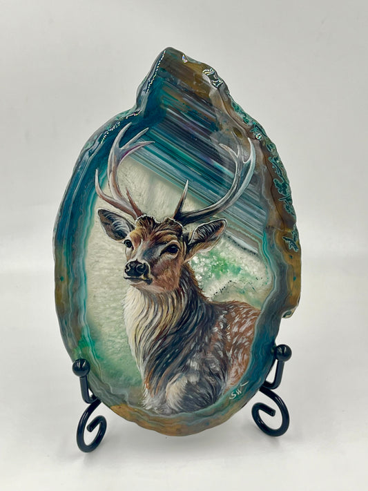 Einzigartige bemalt Achatscheibe/Der Hirsch /Hand bemalt /Deko/Tierpotrait/ink.Metallständer