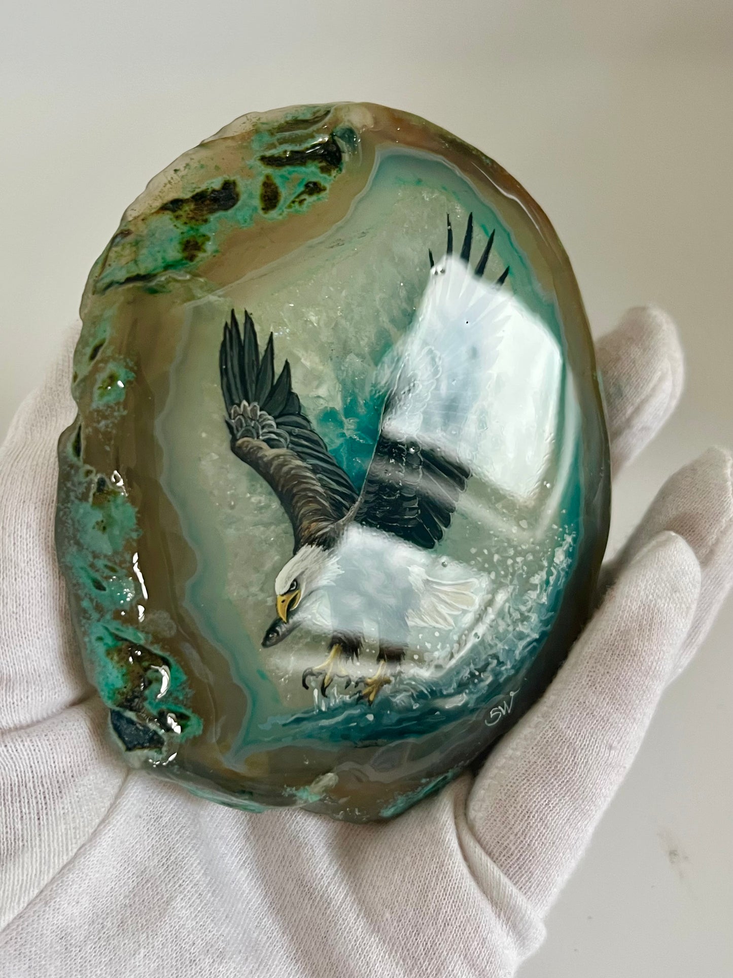 Einzigartige bemalt Achatscheibe/Der Adler /Hand bemalt /Deko/Tierpotrait/ink.Metallständer