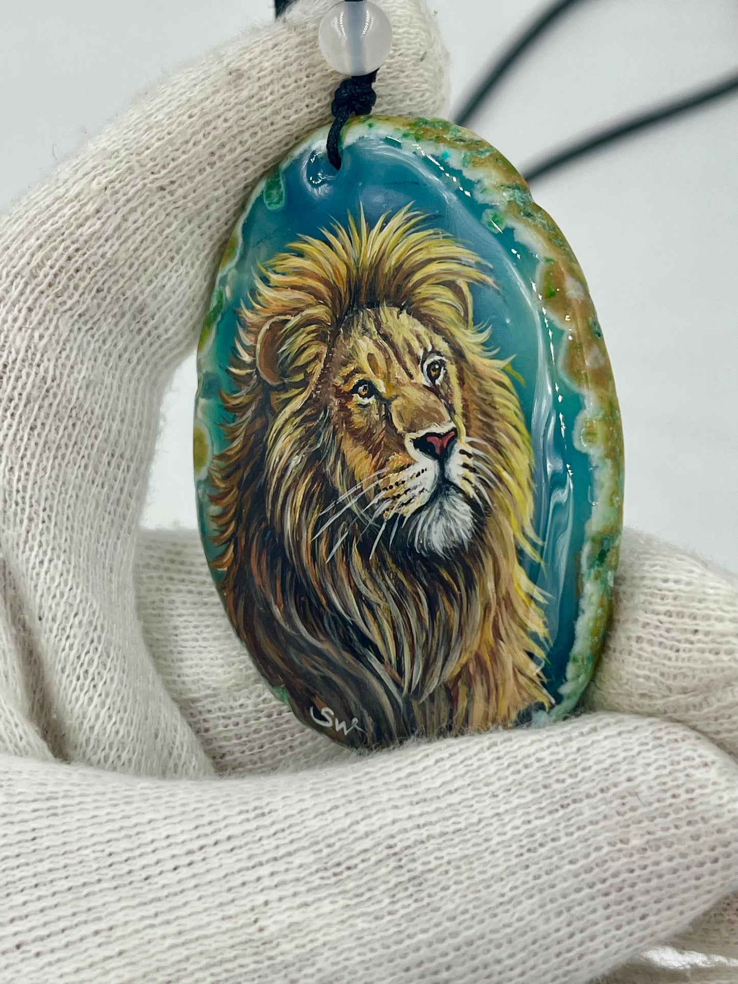 Einzigartige Anhänger /Der Löwe/Achat/Hand bemalt Juwelen und tragbare Kunst /Natur Schmuck
