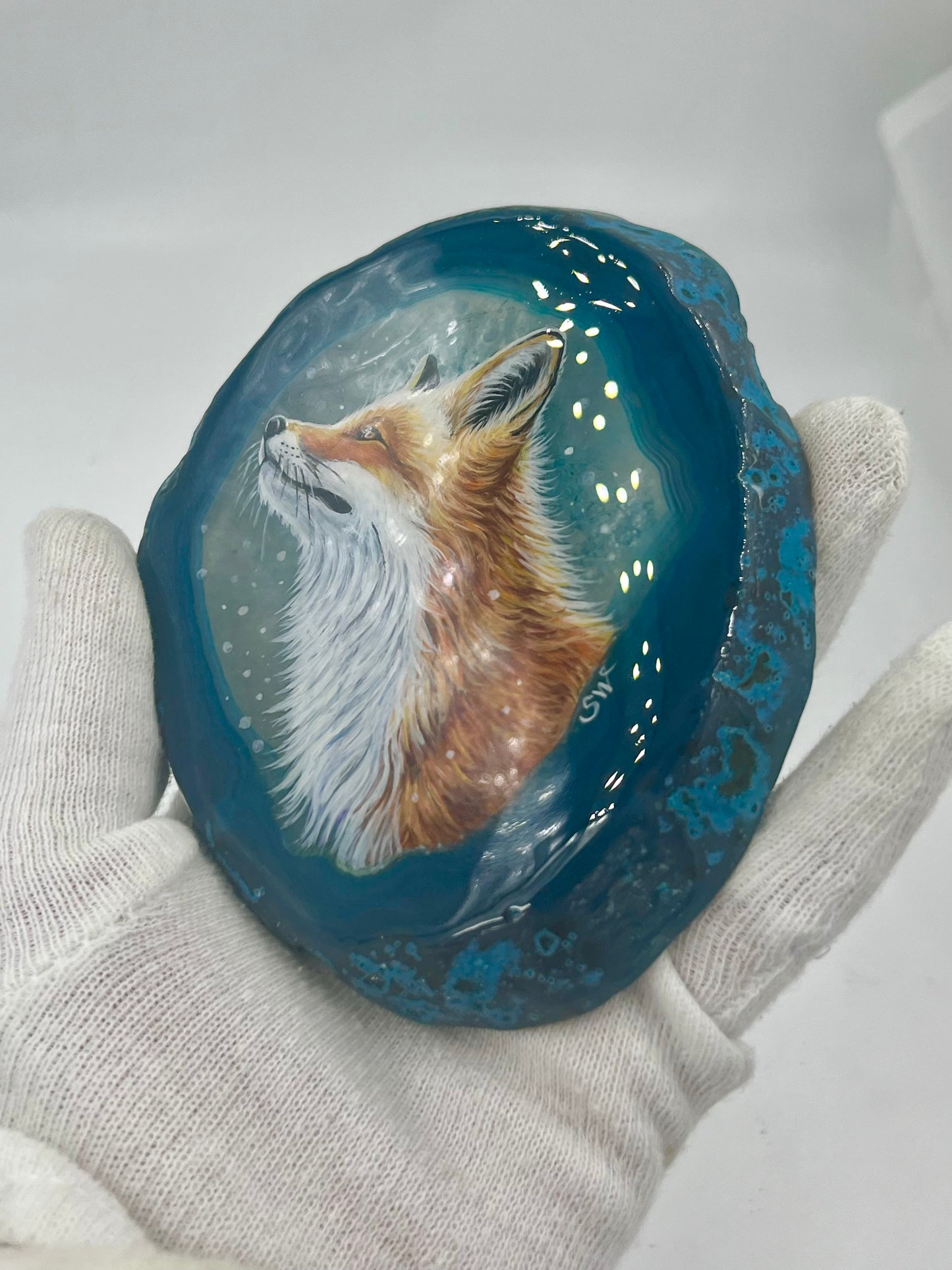 Einzigartige bemalt Achatscheibe/Der Fuchs /Hand bemalt /Deko/Tierpotrait/ink.Metallständer