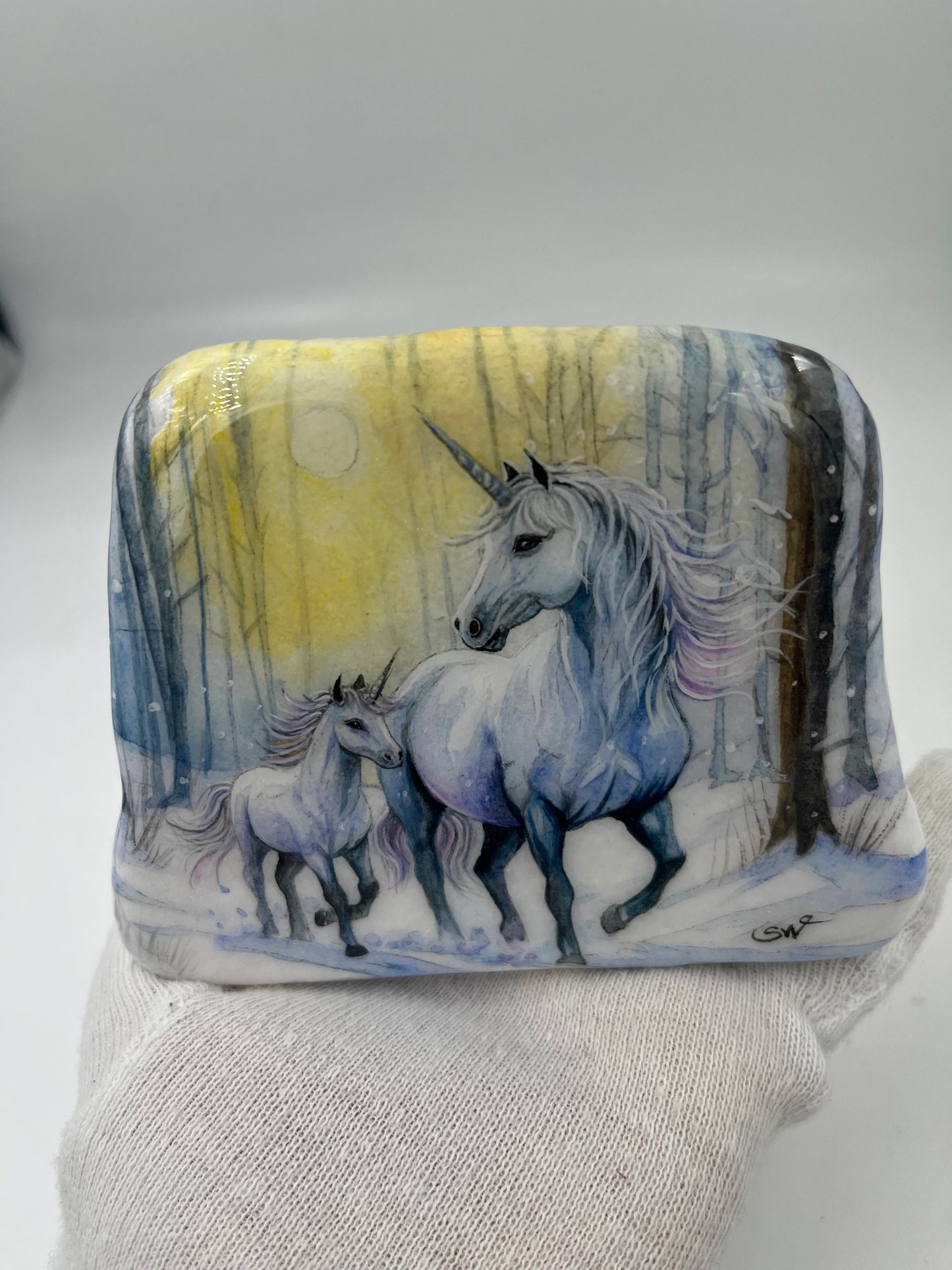 Einzigartig handbemalte Stein-die Einhorn Mama und Kind -inklusive Tischstaffelei