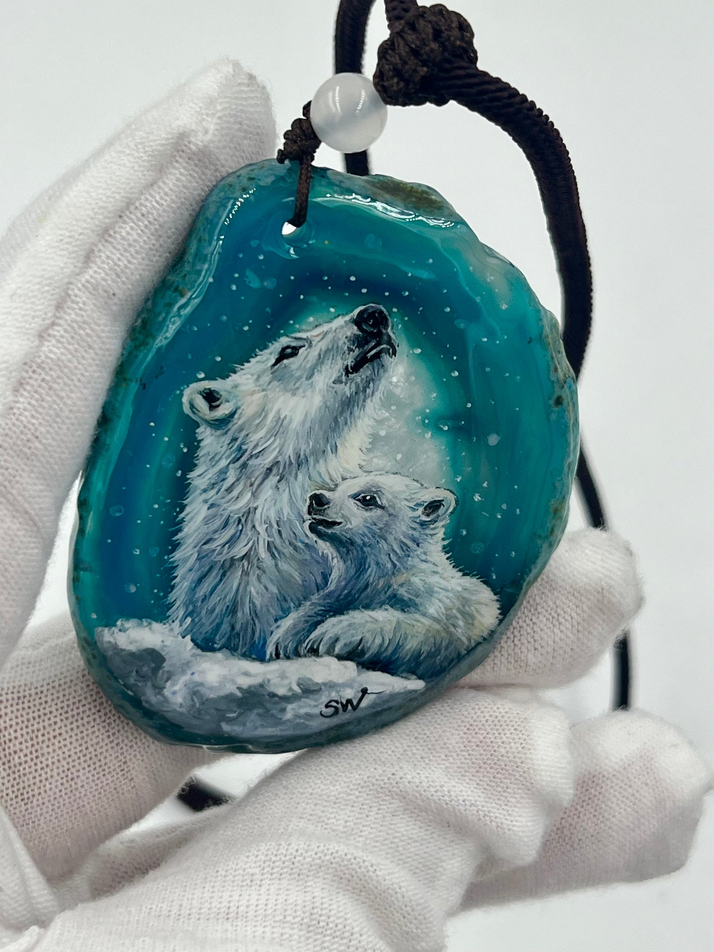 Einzigartige Anhänger /Eisbären Mama und Kind /Achat/Hand bemalt Juwelen und tragbare Kunst /Natur Schmuck