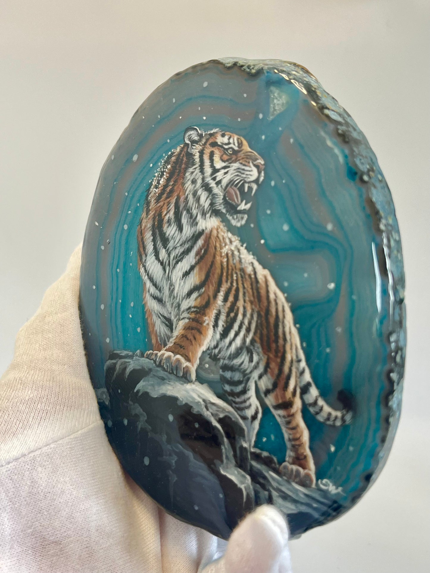 Einzigartige bemalt Achatscheibe/Der Tiger /Hand bemalt /Deko/Tierpotrait/ink.Metallständer