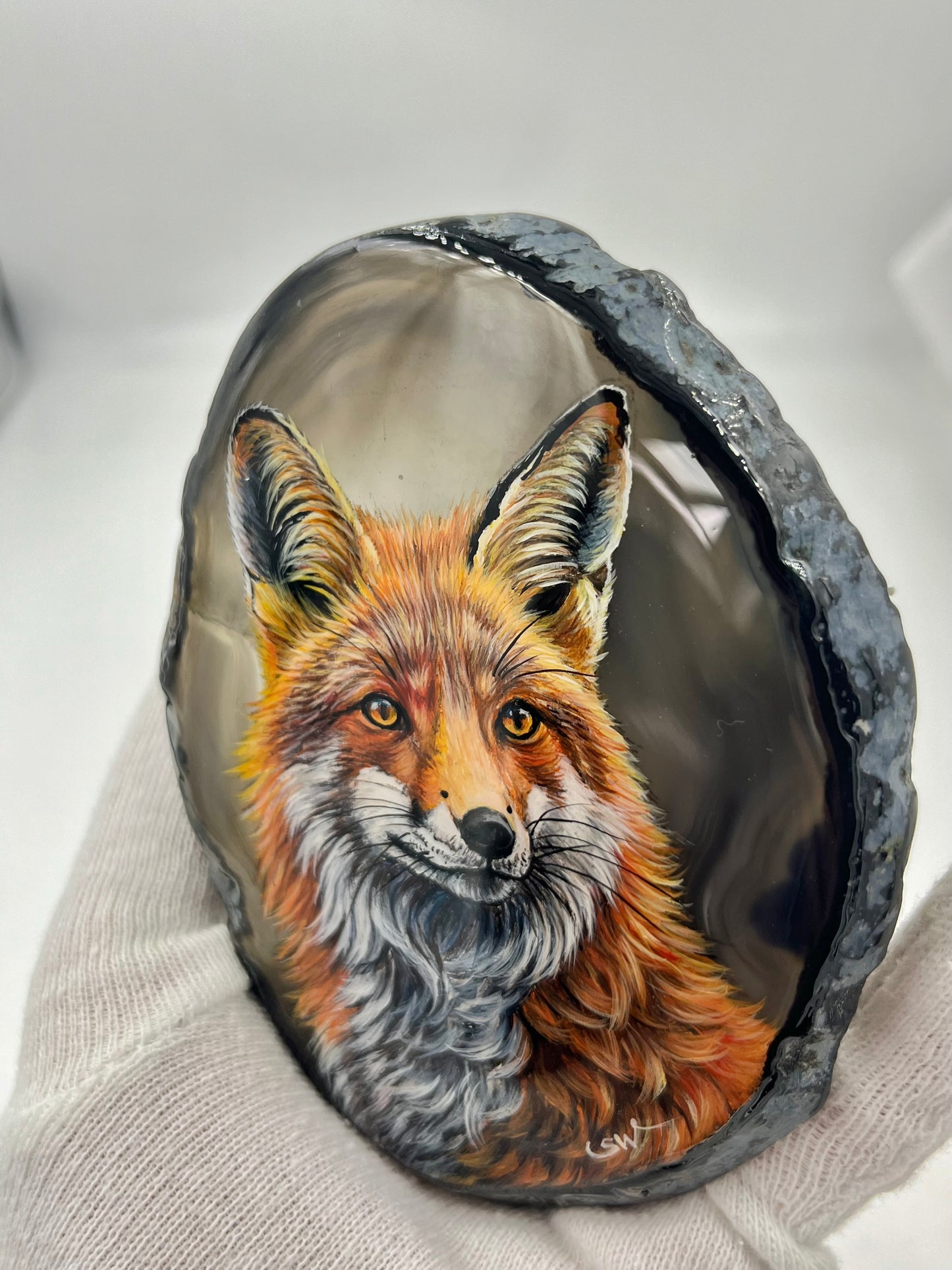Einzigartige bemalt Achatscheibe/Der Fuchs /Hand bemalt /Deko/Tierpotrait/ink.Metallständer