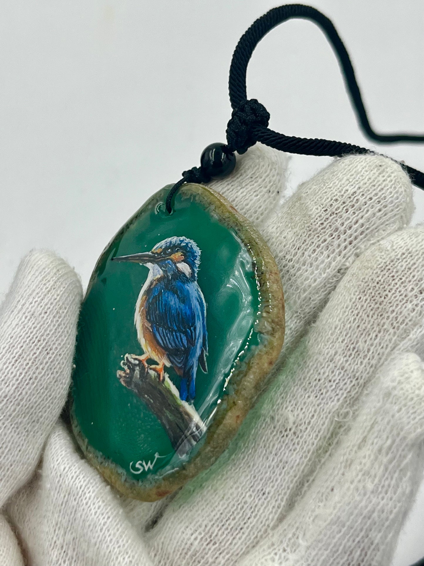Einzigartige Anhänger /Der Eisvogel/Achat/Hand bemalt Juwelen und tragbare Kunst /Natur Schmuck
