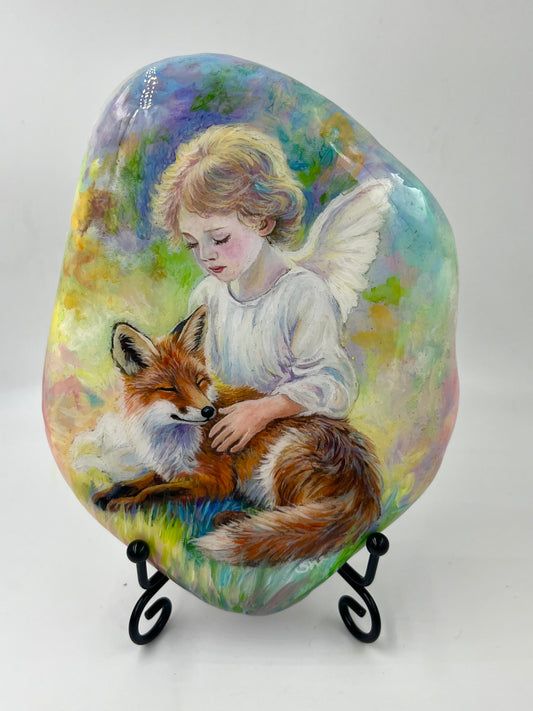 Einzigartig handbemalte Stein-der kleine Engel und der Fuchs inklusive Tischstaffelei
