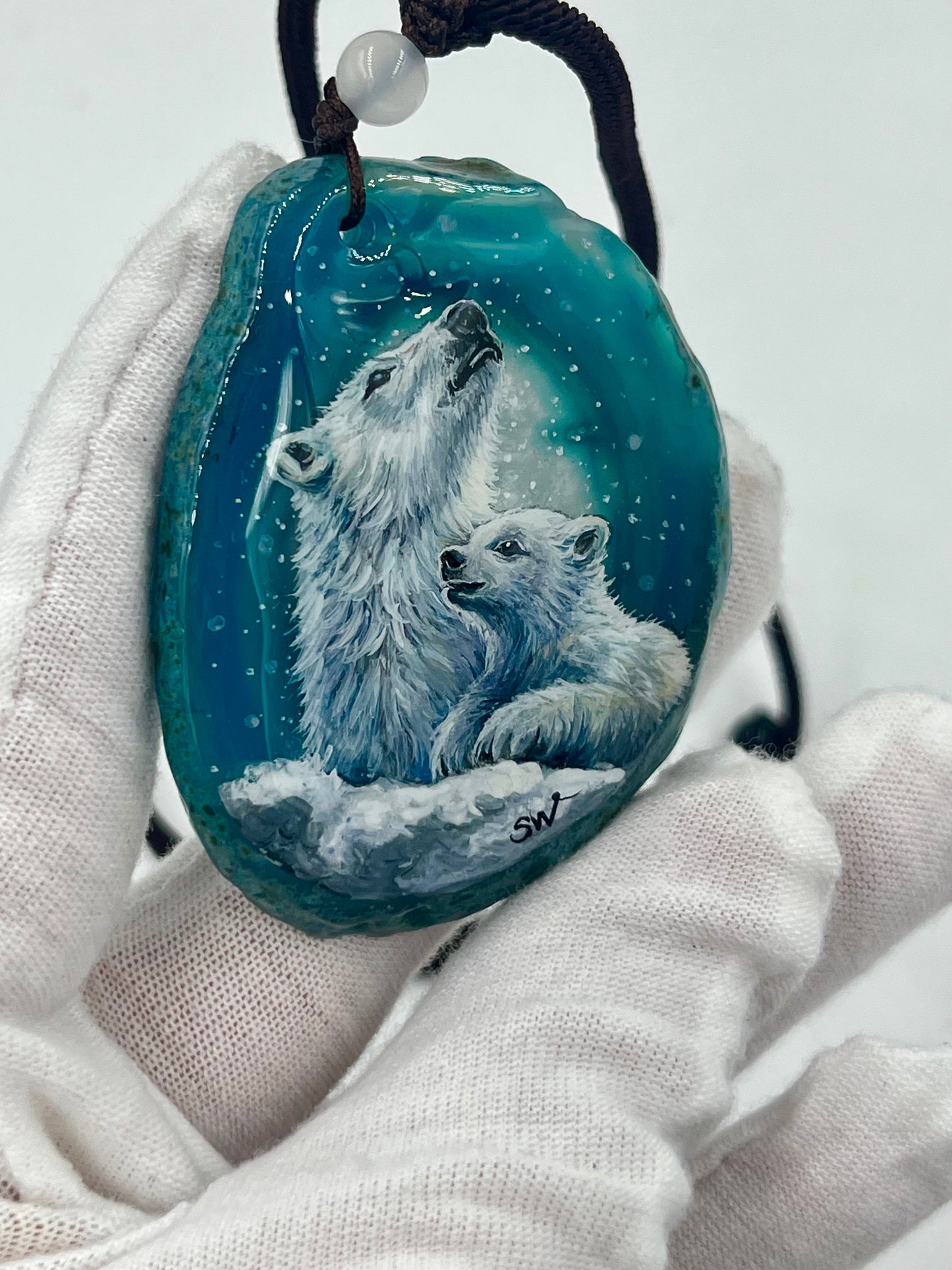 Einzigartige Anhänger /Eisbären Mama und Kind /Achat/Hand bemalt Juwelen und tragbare Kunst /Natur Schmuck