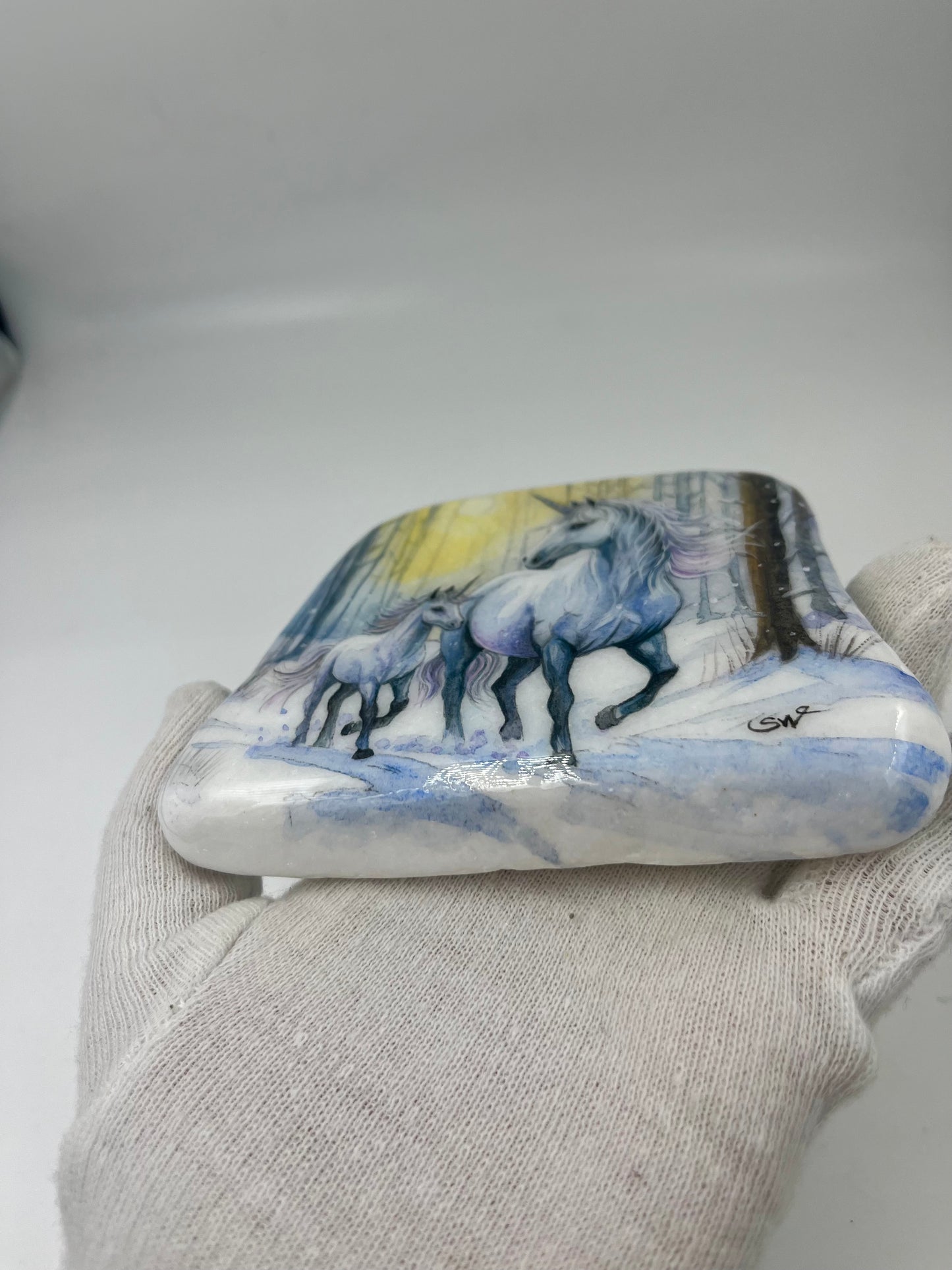 Einzigartig handbemalte Stein-die Einhorn Mama und Kind -inklusive Tischstaffelei