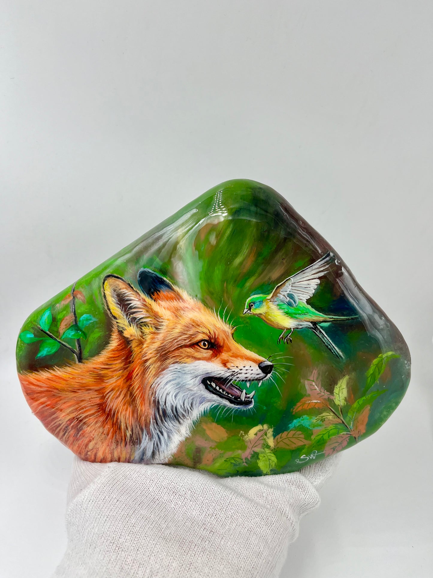 Einzigartig handbemalte Große stein/der Fuchs und der Vogel/inklusive Tischstaffelei