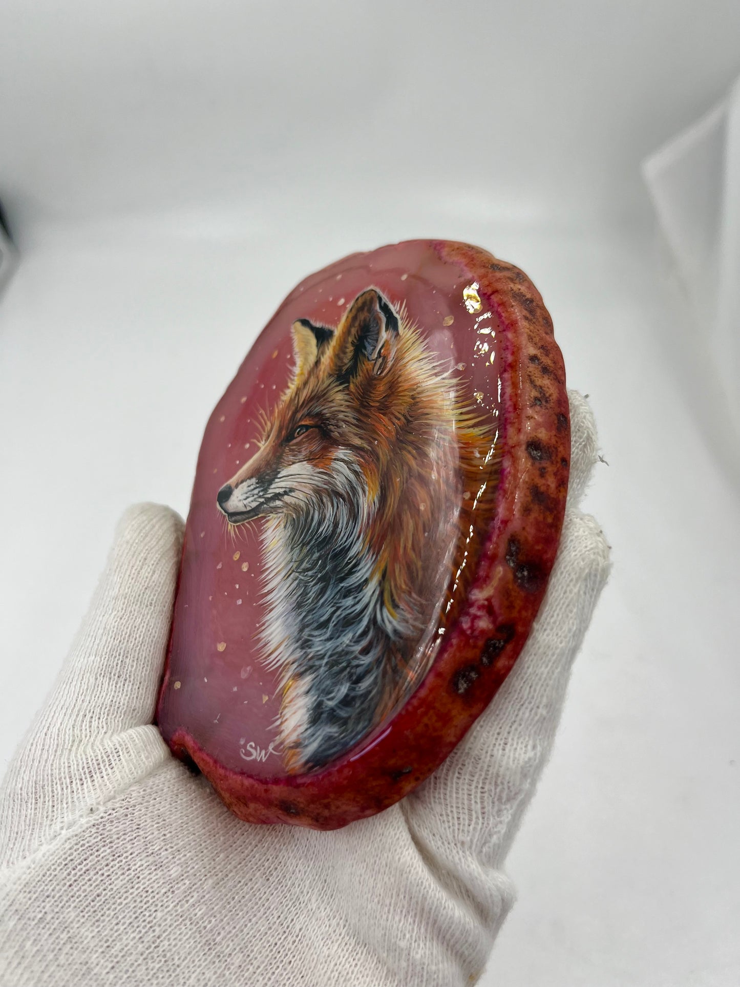 Einzigartige bemalt Achatscheibe/Der Fuchs /Hand bemalt /Deko/Tierpotrait/ink.Metallständer