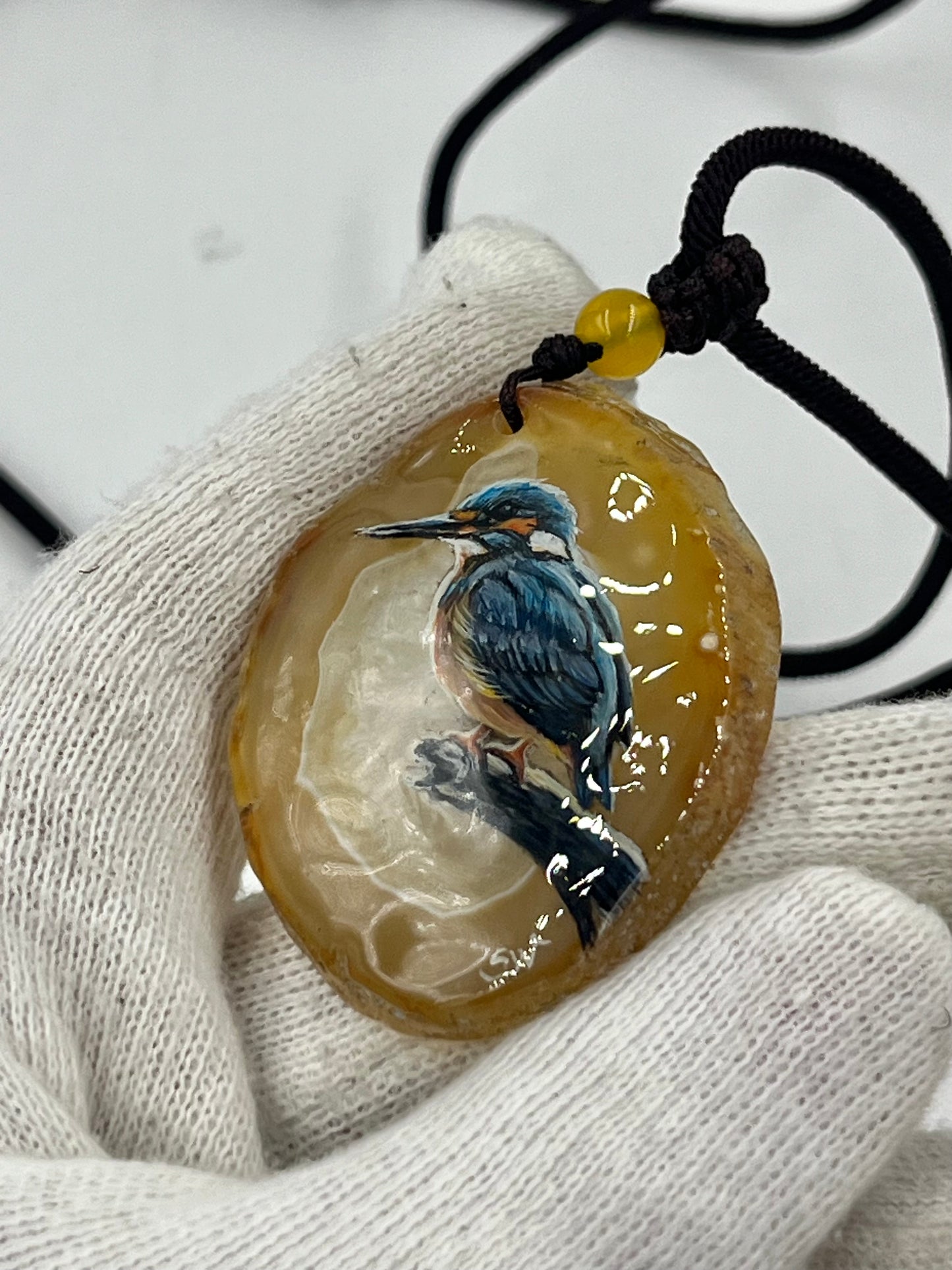 Einzigartige Anhänger /Der Eisvogel/Achat/Hand bemalt Juwelen und tragbare Kunst /Natur Schmuck