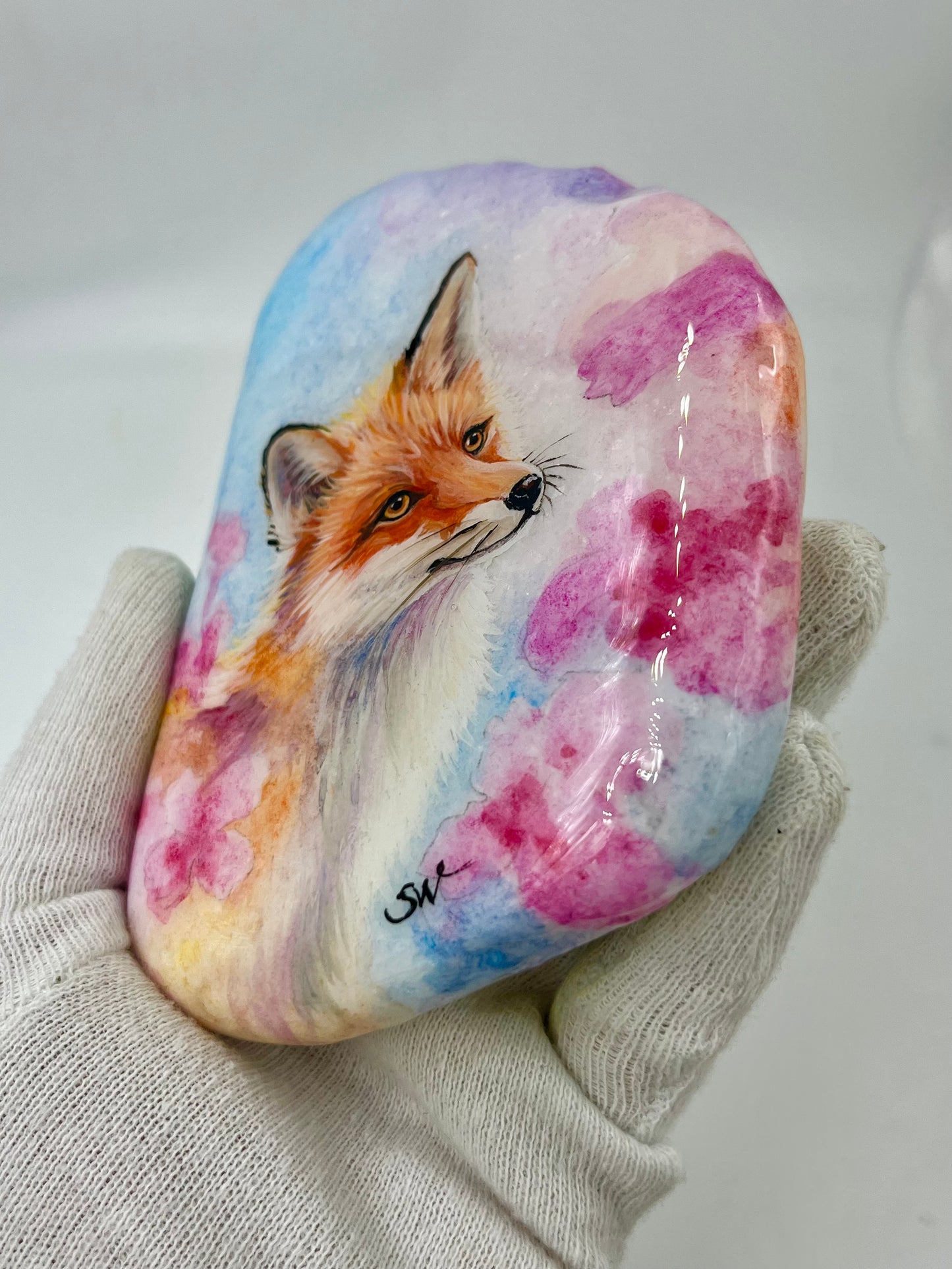 Einzigartig handbemalte Stein-der Fuchs /inklusive Tischstaffelei