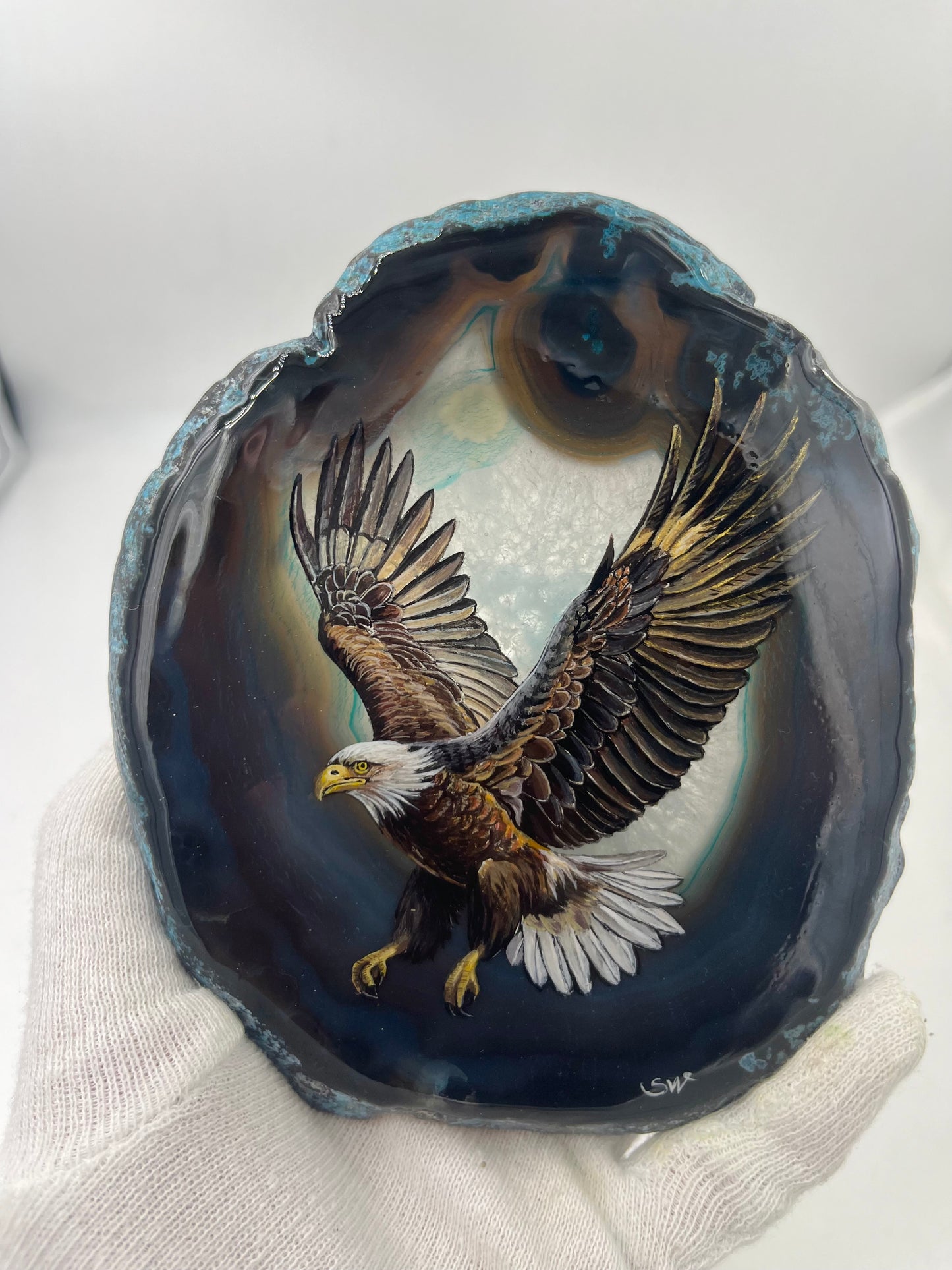 Einzigartige bemalt Achatscheibe/Der Adler /Hand bemalt /Deko/Tierpotrait/ink.Metallständer
