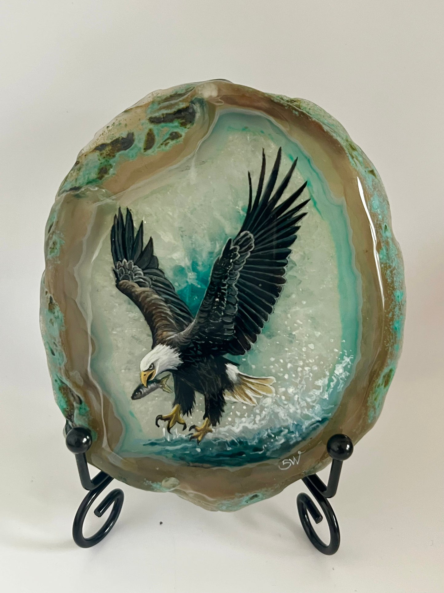 Einzigartige bemalt Achatscheibe/Der Adler /Hand bemalt /Deko/Tierpotrait/ink.Metallständer