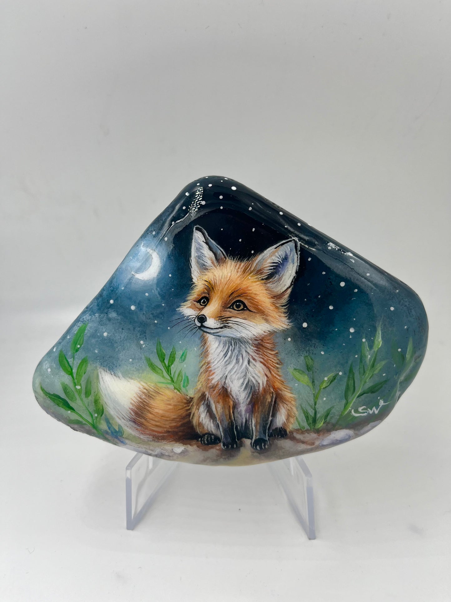 Einzigartig handbemalte Stein-der Fuchs/inklusive Tischstaffelei
