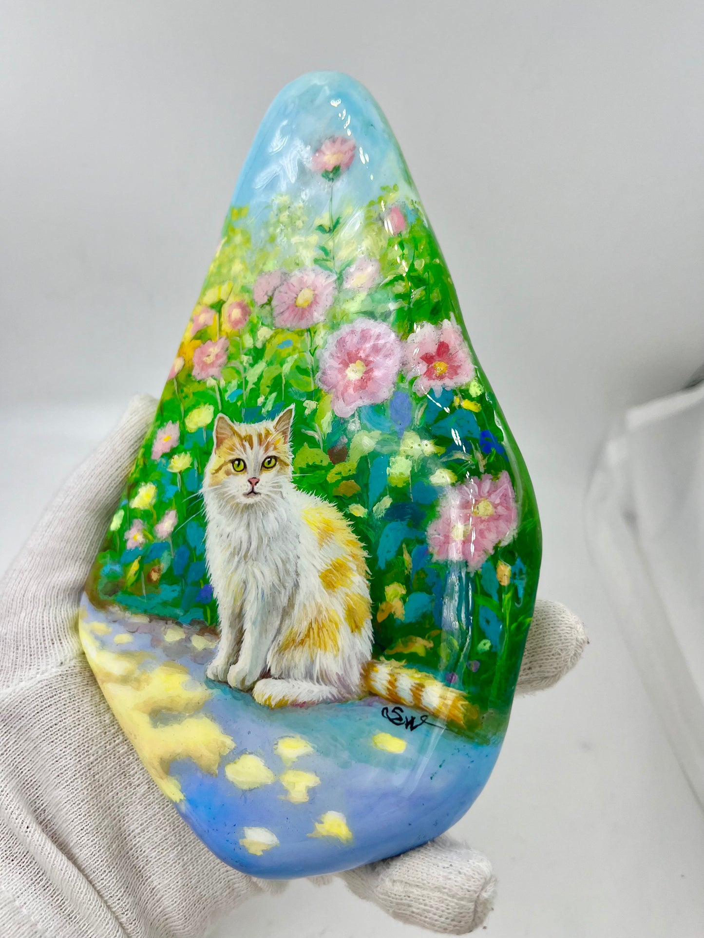 Einzigartig handbemalte Stein/die Katze/inklusive Tischstaffelei