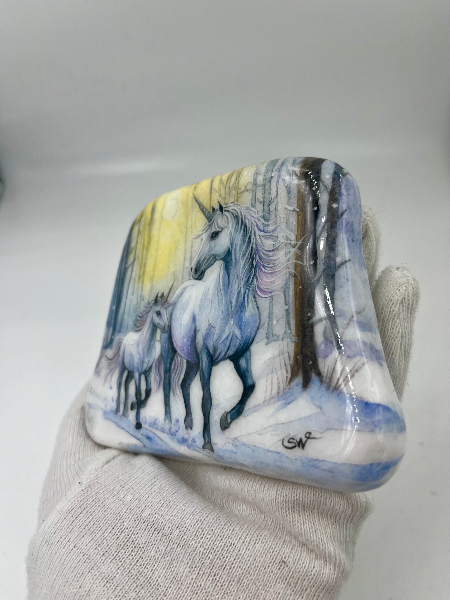 Einzigartig handbemalte Stein-die Einhorn Mama und Kind -inklusive Tischstaffelei