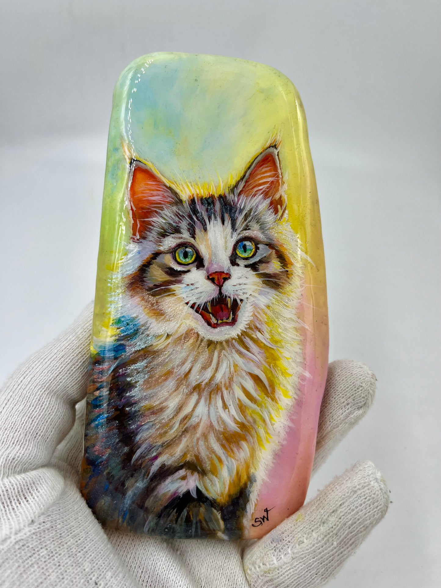 Einzigartig handbemalte Stein/die Katze/inklusive Tischstaffelei