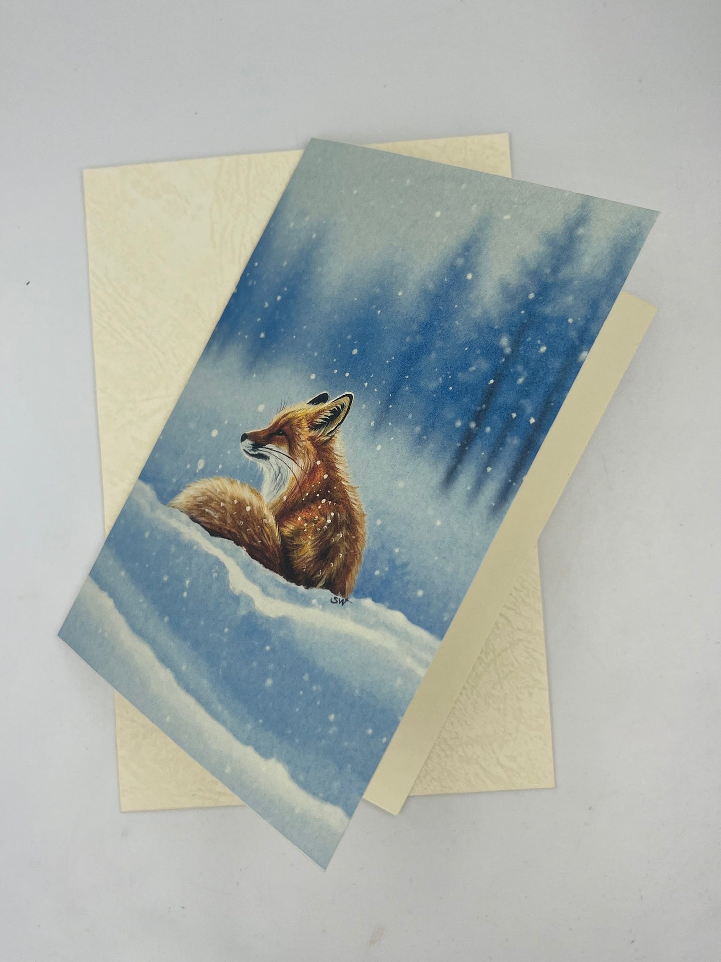 Grußkarte der Fuchs im Winter/ Papier(300g)/ Klappkarte Acryl Malerei Print