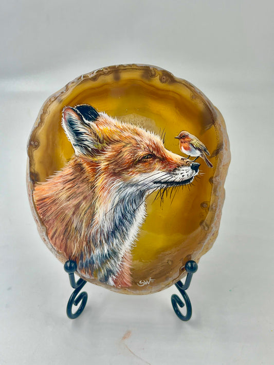 Einzigartige bemalt Achatscheibe/der Fuchs und der Vogel/Hand bemalt /Deko/Tierpotrait/ink.Metallständer