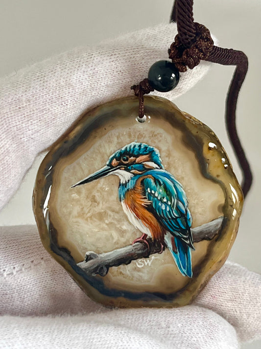 Einzigartige Anhänger /Der Eisvogel/Achat/Hand bemalt Juwelen und tragbare Kunst /Natur Schmuck