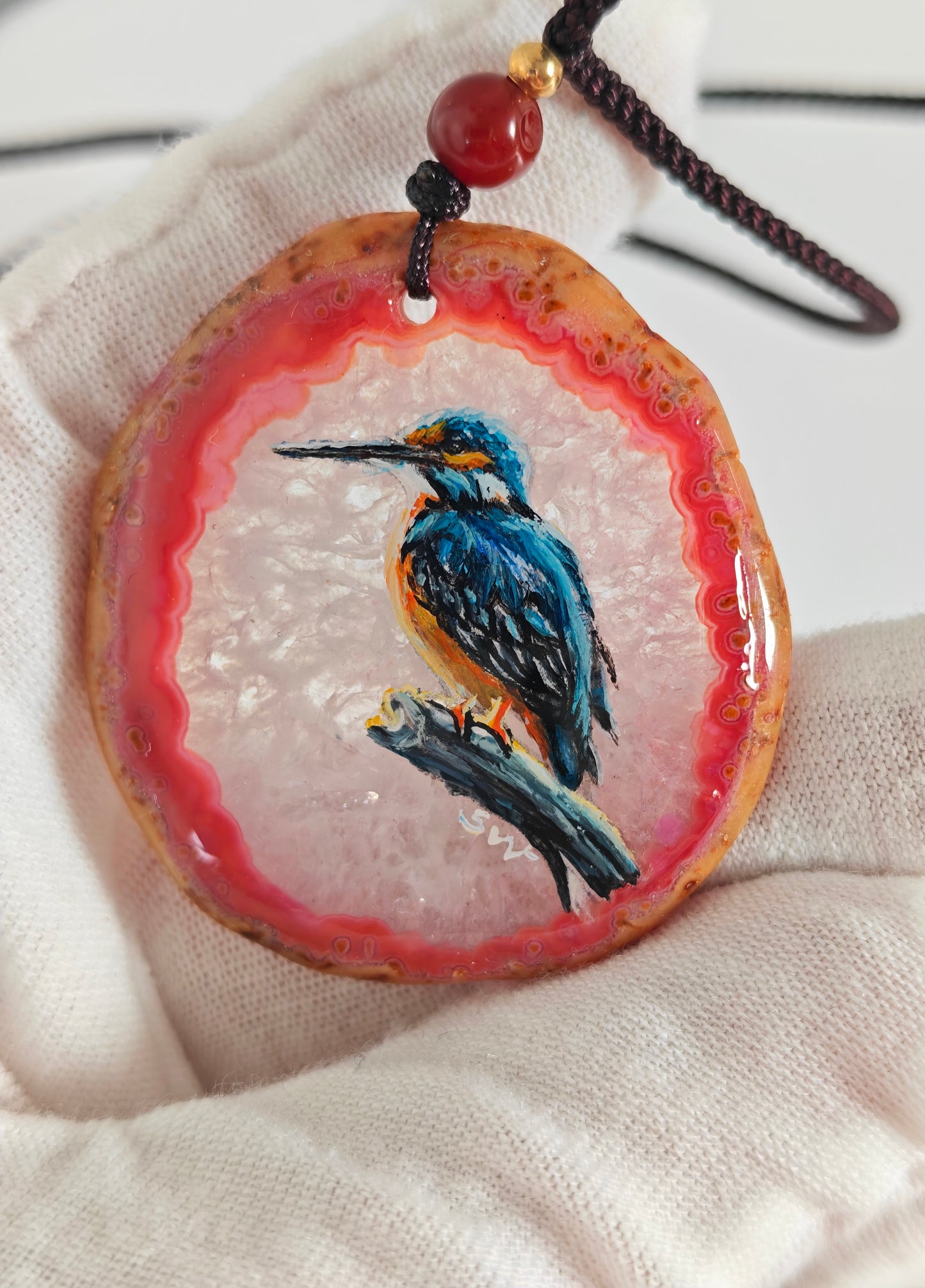 Einzigartige Anhänger /Der Eisvogel/Achat/Hand bemalt Juwelen und tragbare Kunst /Natur Schmuck