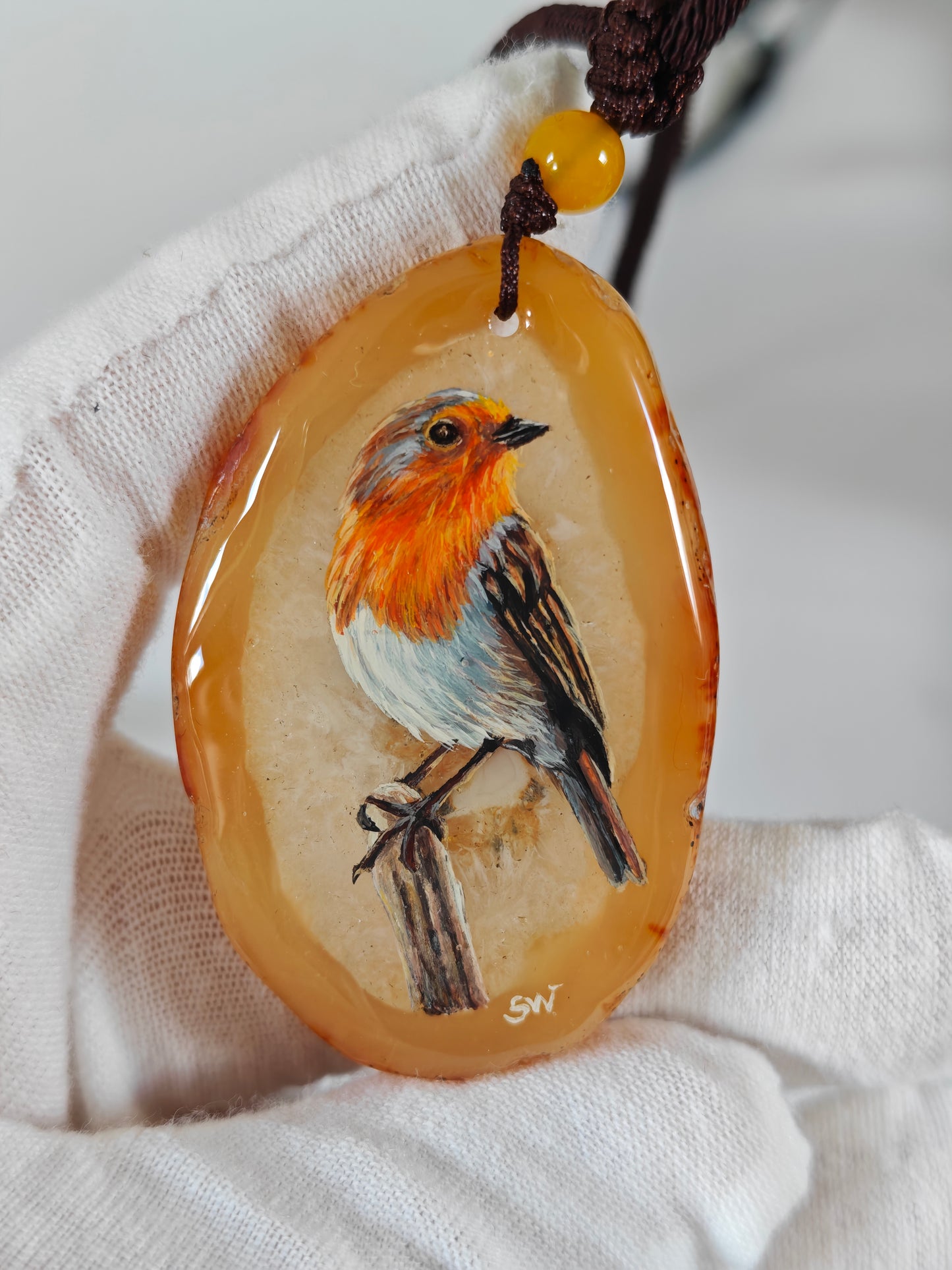 Einzigartige Anhänger /das Rotkehlchen/Achat/Hand bemalt Juwelen und tragbare Kunst /Natur Schmuck