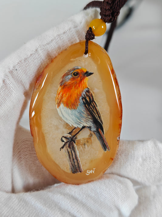 Einzigartige Anhänger /das Rotkehlchen/Achat/Hand bemalt Juwelen und tragbare Kunst /Natur Schmuck