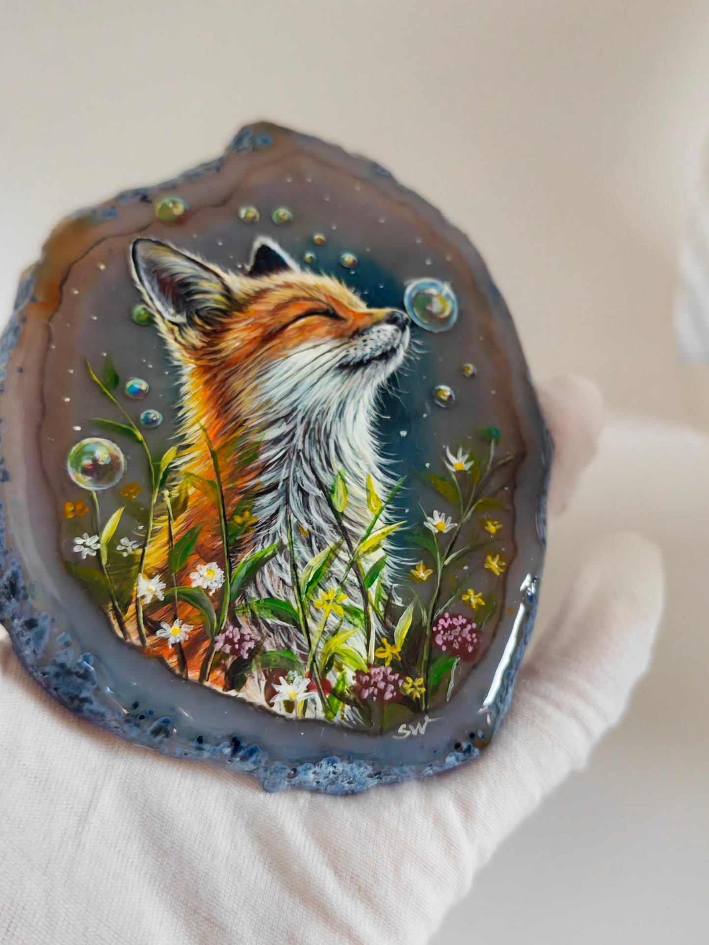 Einzigartige bemalt Achatscheibe/Der Fuchs /Hand bemalt /Deko/Tierpotrait/ink.Metallständer
