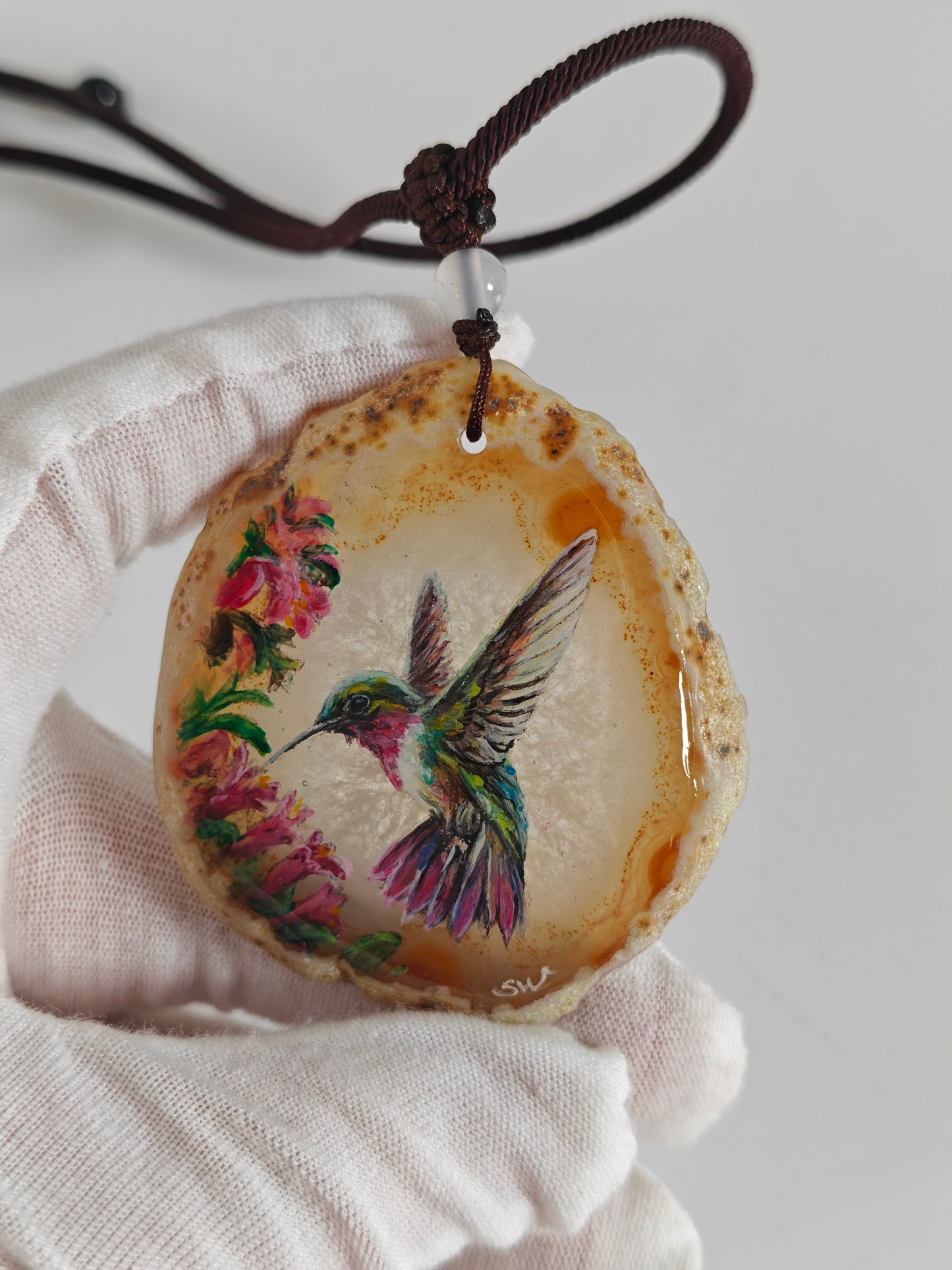 Einzigartige Anhänger /Der Kolibri/Achat/Hand bemalt Juwelen und tragbare Kunst /Natur Schmuck