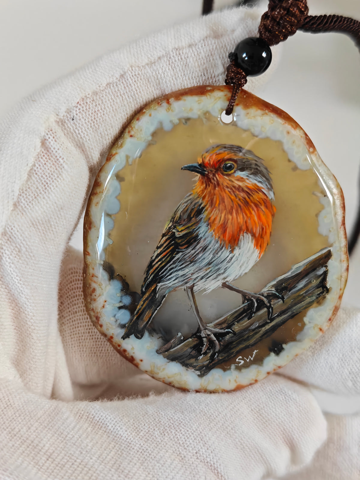 Einzigartige Anhänger /das Rotkehlchen/Achat/Hand bemalt Juwelen und tragbare Kunst /Natur Schmuck