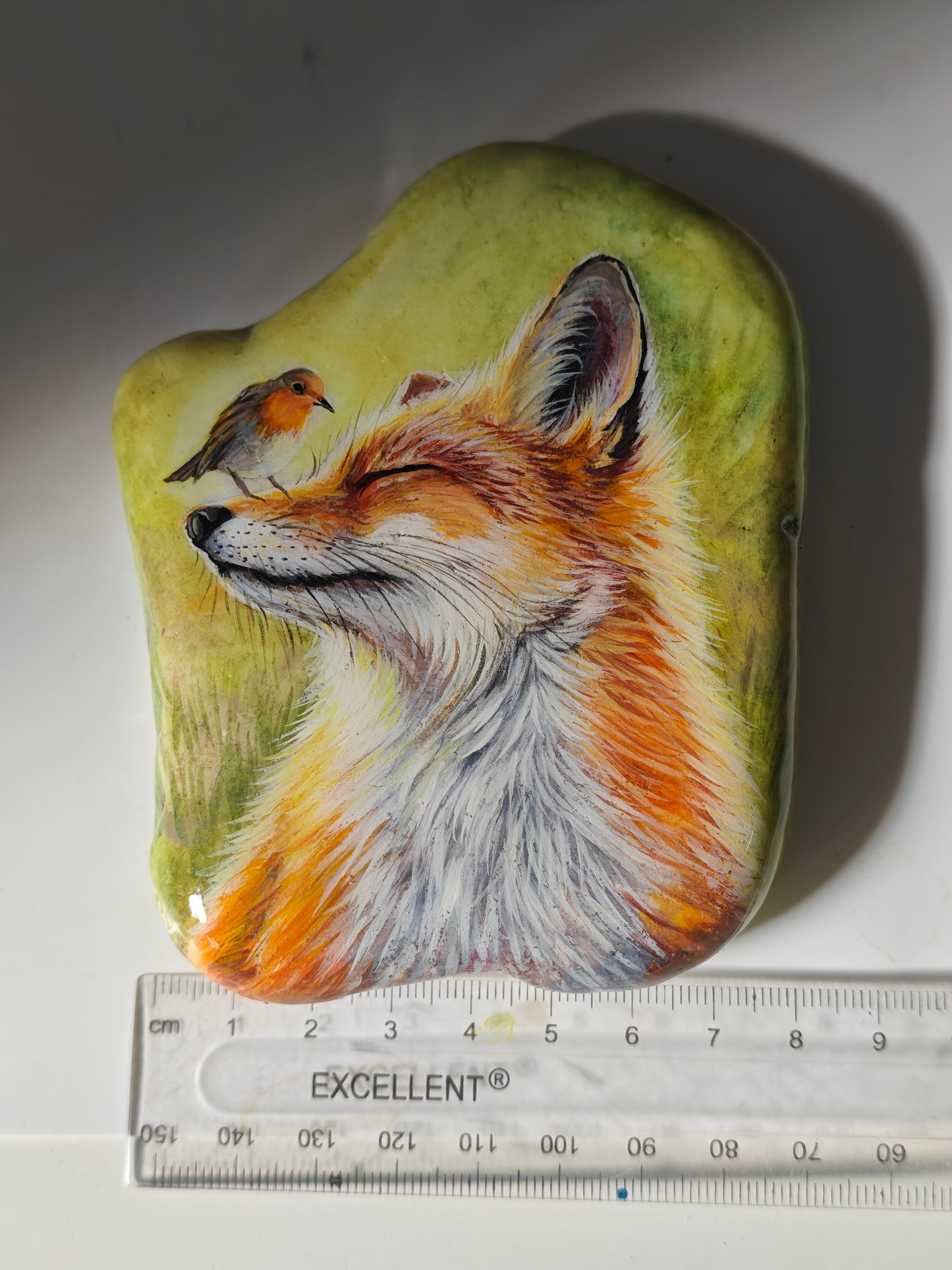 Einzigartig handbemalte Stein/der Fuchs und der Vogel /inklusive Tischstaffele