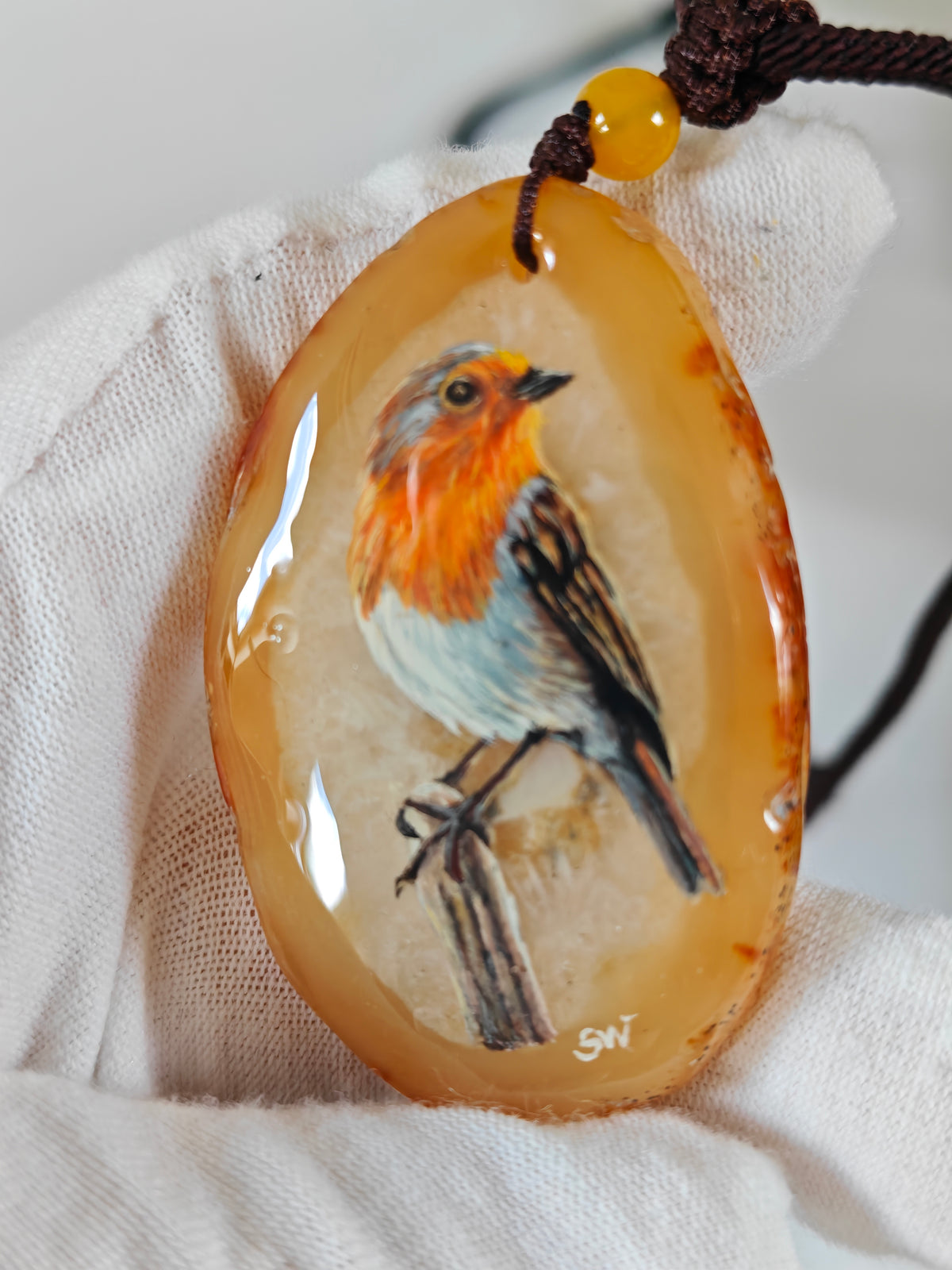 Einzigartige Anhänger /das Rotkehlchen/Achat/Hand bemalt Juwelen und tragbare Kunst /Natur Schmuck