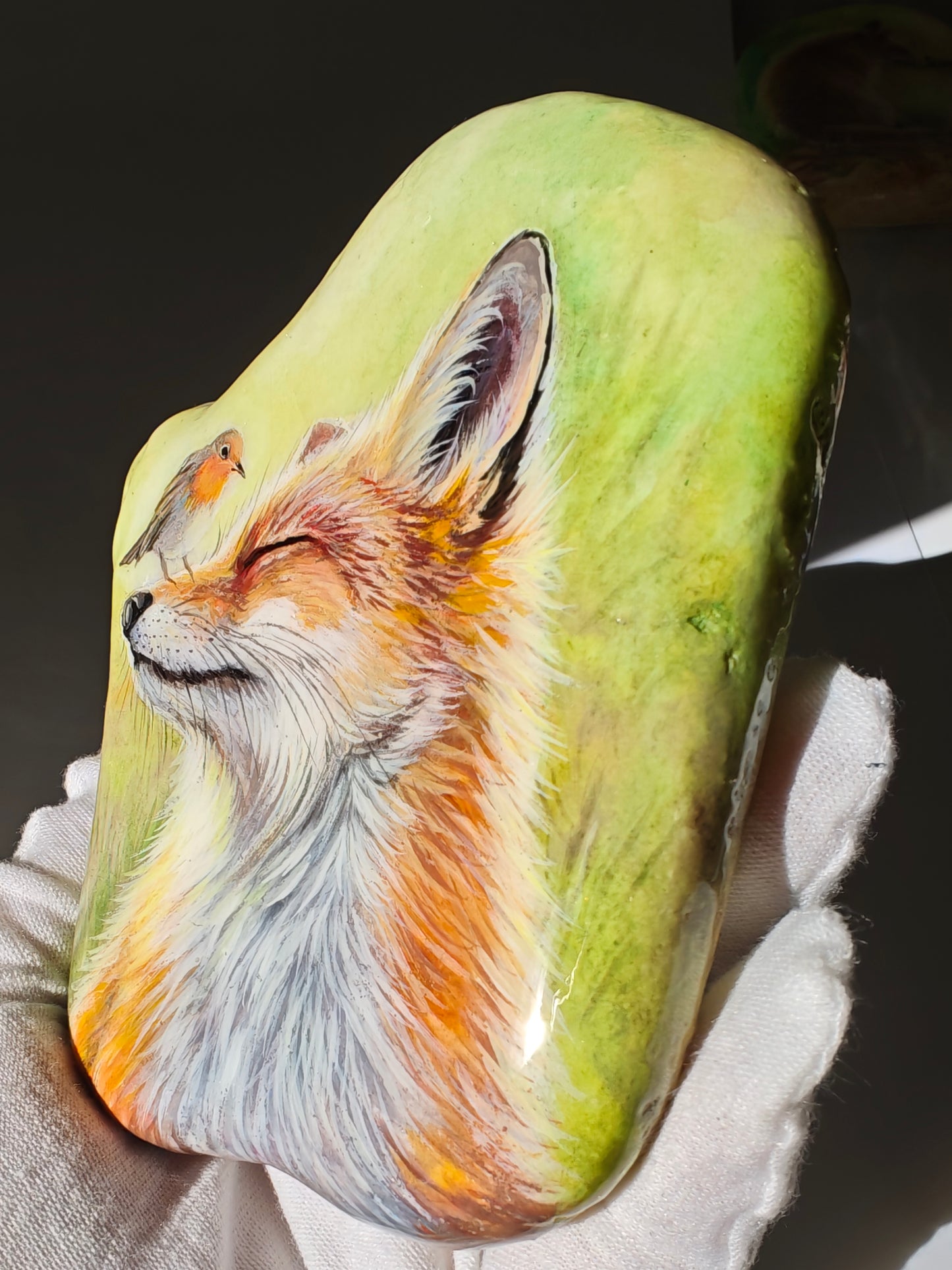 Einzigartig handbemalte Stein/der Fuchs und der Vogel /inklusive Tischstaffele